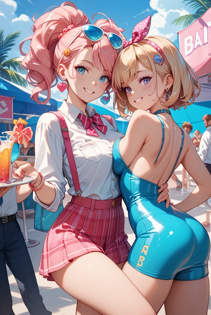 Chica, camarera, pink latex pants (apretado), parada de espalda, mostrando la cola, camisa blanca (mojada) blanco, senos de globos, cola muy grande, ball glutes, rubia