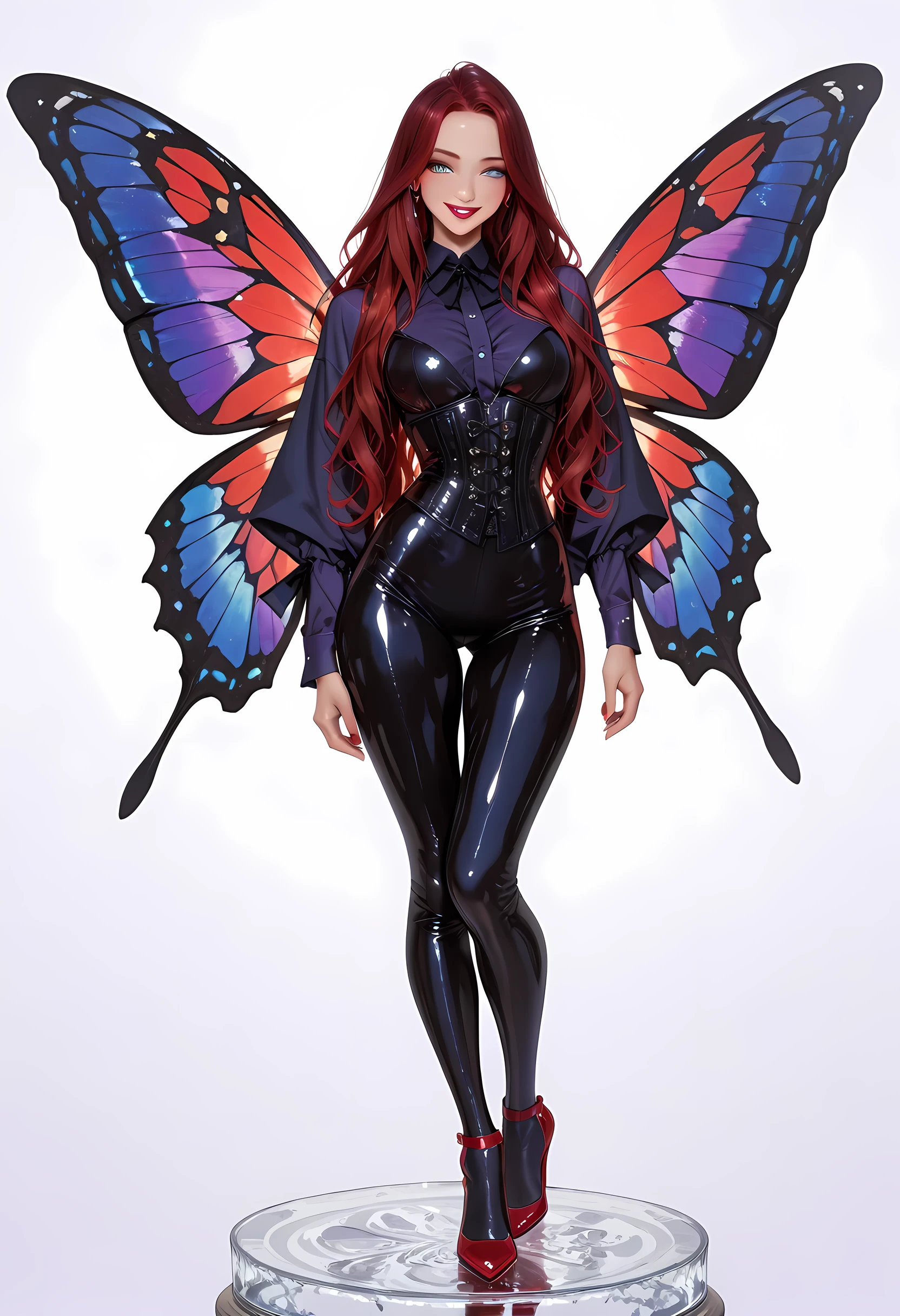 a glass figurine of a dark female fairy, beautiful fairy, ultra feminine, best detailed face, having wide butterfly wings butterfly wings, spread butterfly wings, (purple) colors wings (intense details, Masterpiece, best quality), (dark red) hair, long hair, shinning hair, flowing hair, shy smile, red lips, innocent smile, (blue) eyes, dark blue lips, wearing (white) dress latex corset (intense details, Masterpiece, best quality), dynamic elegant shirt, chocker, wearing (red) high heels, glass figurine art, novuschroma54 style