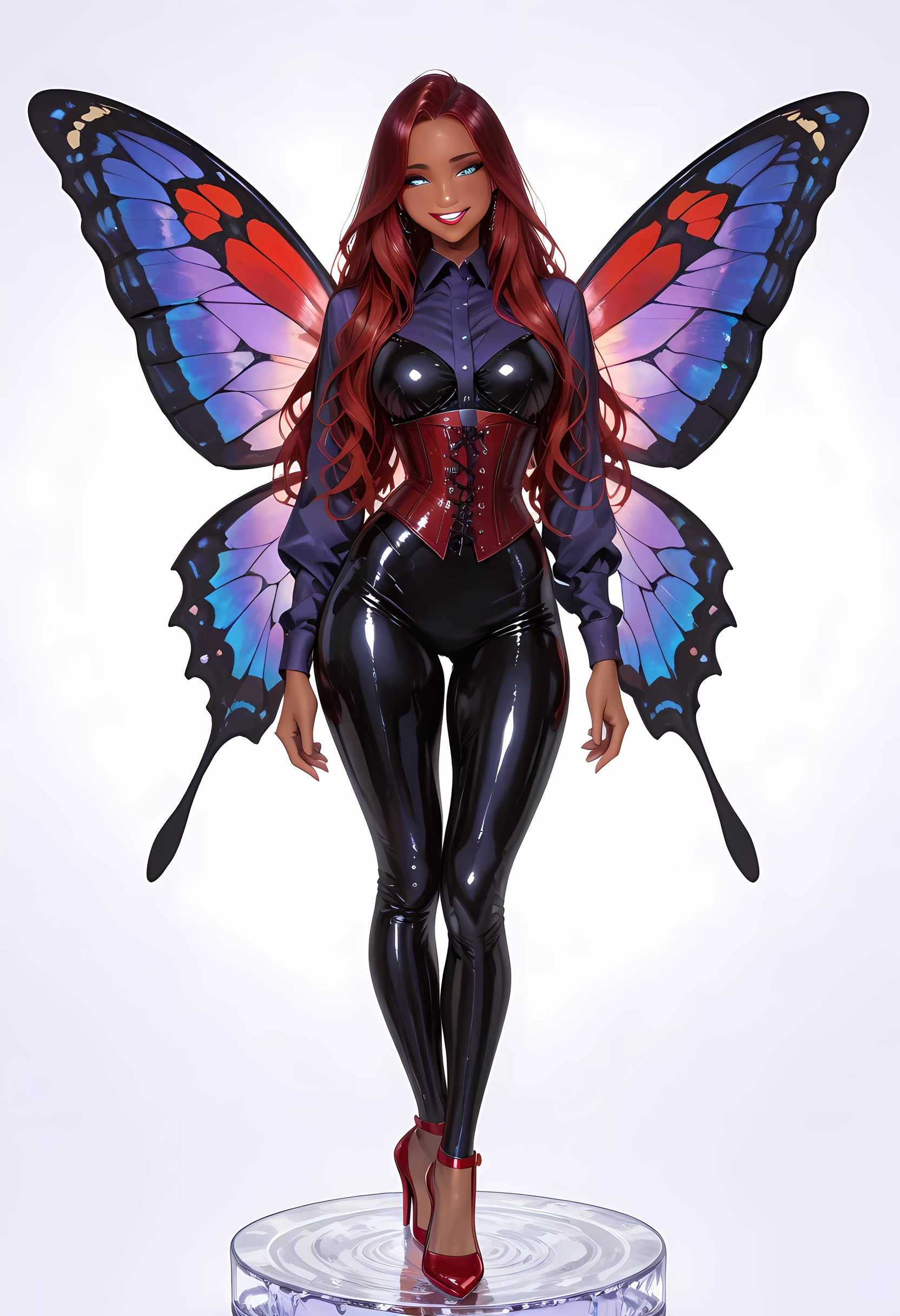 a glass figurine of a dark female fairy, beautiful fairy, ultra feminine, best detailed face, having wide butterfly wings butterfly wings, spread butterfly wings,  (purple) colors wings (intense details, Masterpiece, best quality), (dark red) hair, long hair, shinning hair, flowing hair, shy smile, red lips, innocent smile, (blue) eyes, dark blue lips, wearing (white) dress latex corset (intense details, Masterpiece, best quality), dynamic elegant shirt, chocker, wearing (red) high heels, glass figurine art, novuschroma54 style