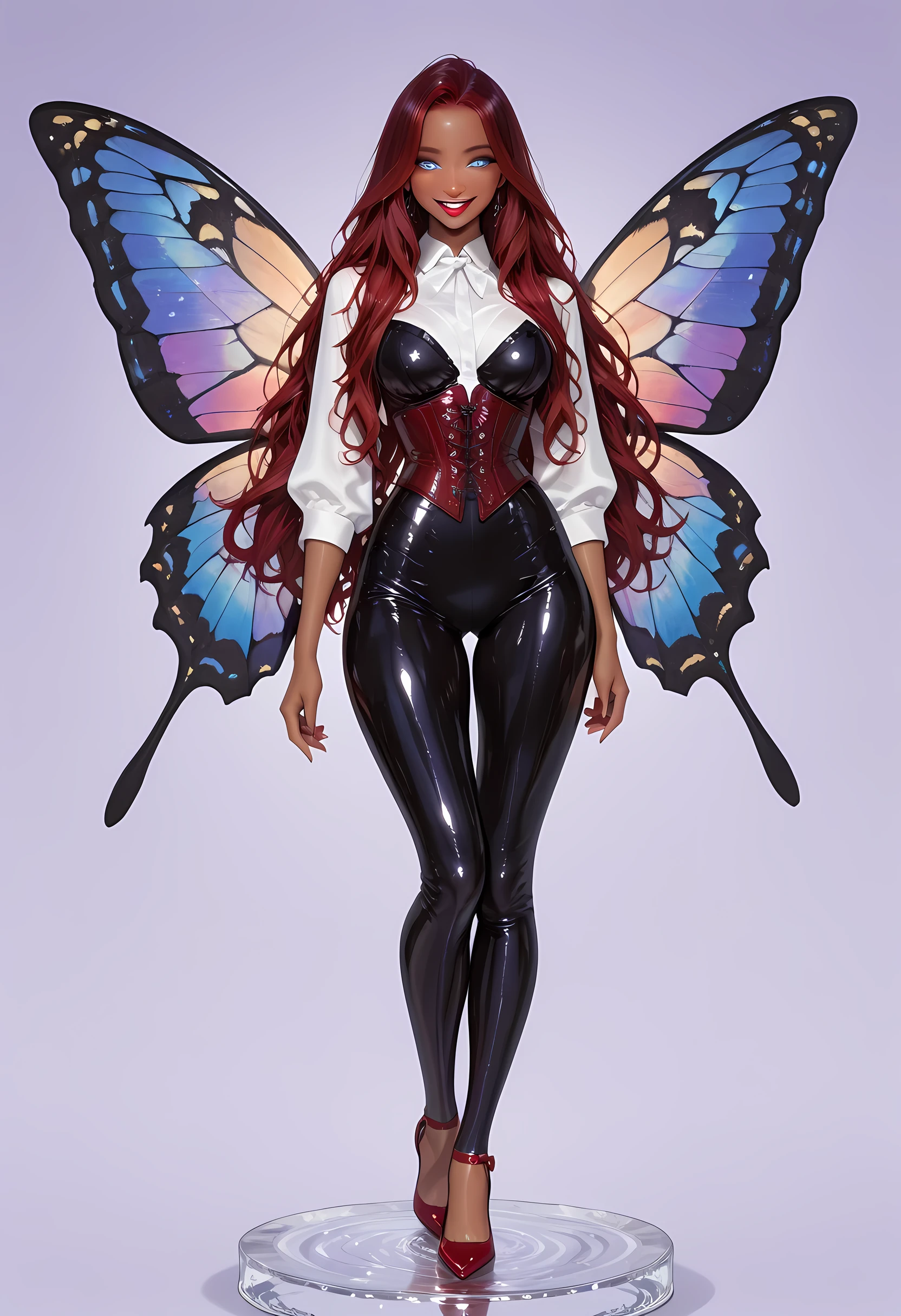 a glass figurine of a dark female fairy, beautiful fairy, ultra feminine, best detailed face, having wide butterfly wings butterfly wings, spread butterfly wings, (purple) colors wings (intense details, Masterpiece, best quality), (dark red) hair, long hair, shinning hair, flowing hair, shy smile, red lips, innocent smile, (blue) eyes, dark blue lips, wearing (white) dress latex corset (intense details, Masterpiece, best quality), dynamic elegant shirt, chocker, wearing (red) high heels, glass figurine art, novuschroma54 style
