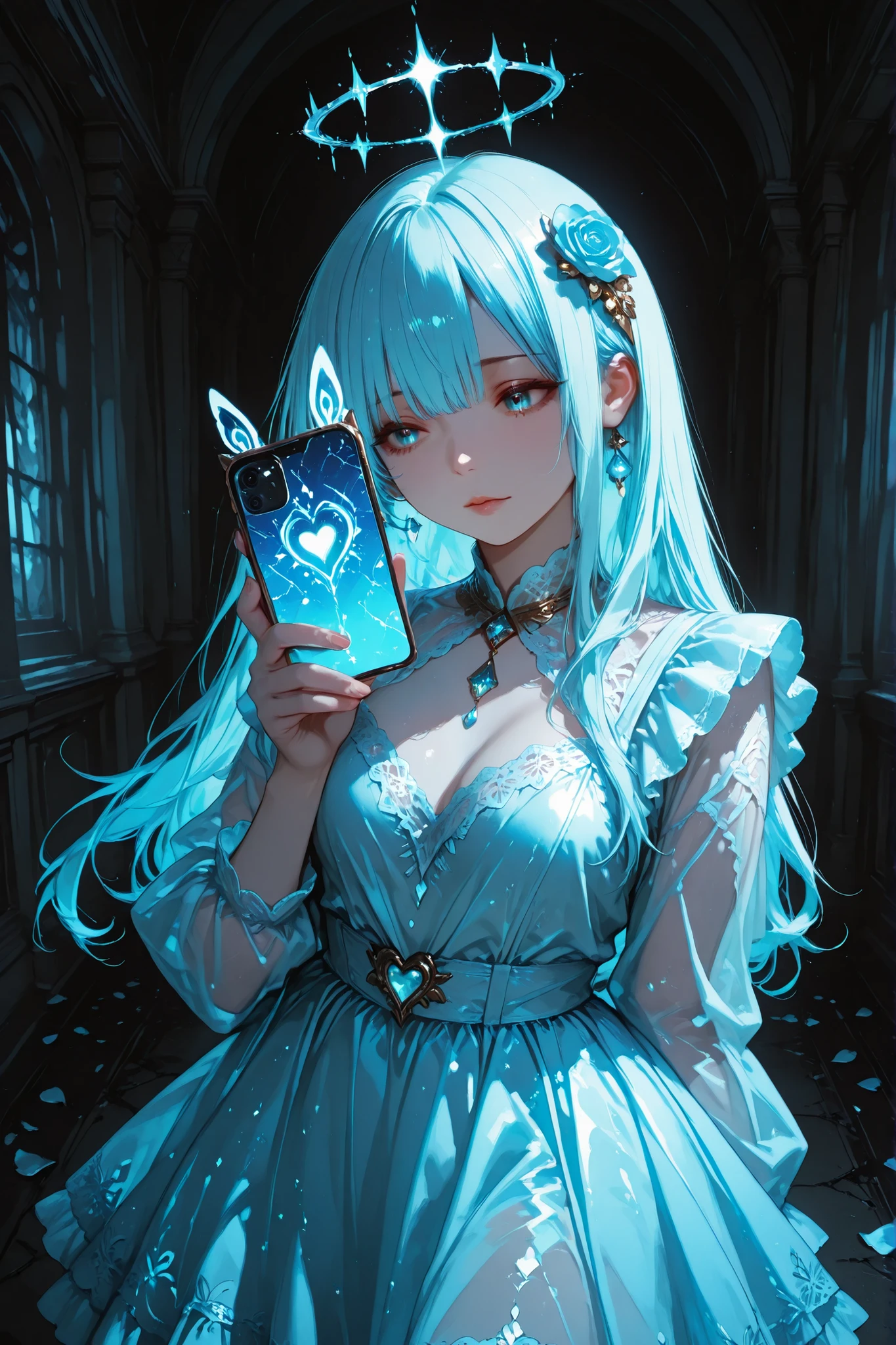 in a highly expressive and visually refined anime style, inspired by the works of CloverWorks: a yandere girl seen from a side view, standing alone at the far right edge of the composition in a dimly lit, neon-soaked underground trance club. Her figure is delicately illuminated by waves of magenta and electric blue light, casting soft shadows across her pale skin. Her long, silky hair flows with layered precision, catching glimmers of laser light in each strand. She clutches a broken smartphone with a shattered screen tightly to her chest — the fractured glass faintly glows with the outline of an old photograph, now almost lost.
Her large, tear-brimmed eyes shimmer with obsessive longing, reflecting abstract waveforms and flickering neon patterns. She wears a pastel frilly dress with ornate lace trim, the translucent fabric subtly glowing under UV light, each fold and thread finely rendered. A fragile, digital heart floats glitchily above her head, faintly pulsing in sync with the trance beat. The floor beneath her is strewn with soft rose petals and shimmering glass fragments, each catching the club's lights like tiny stars. Her posture is tense yet motionless, like a moment frozen between breaths — one hand gripping the phone, the other hanging limp at her side.
The background is a deep, misty blur of dark concrete, scattered light reflections, and streaks of laser beams carving through the air. No one else is visible — only her presence commands the space, engulfed in solitude and artificial beauty. Wide-angle low side view composition, cinematic lighting, rich texture detailing, hyper-emotional atmosphere. The entire scene pulses with surreal intensity and visual delicacy, in the immersive, emotionally resonant a BREAK,soft lighting, kawaii aesthetic,detailed facial features, high contrast shading, lifelike skin texture,high-resolution,newest,detailed clothes, refined jewelry detail, photoreal quality, 4k, 8k, HDR, ultra detail, highres,official, 1080p, HD, 16k