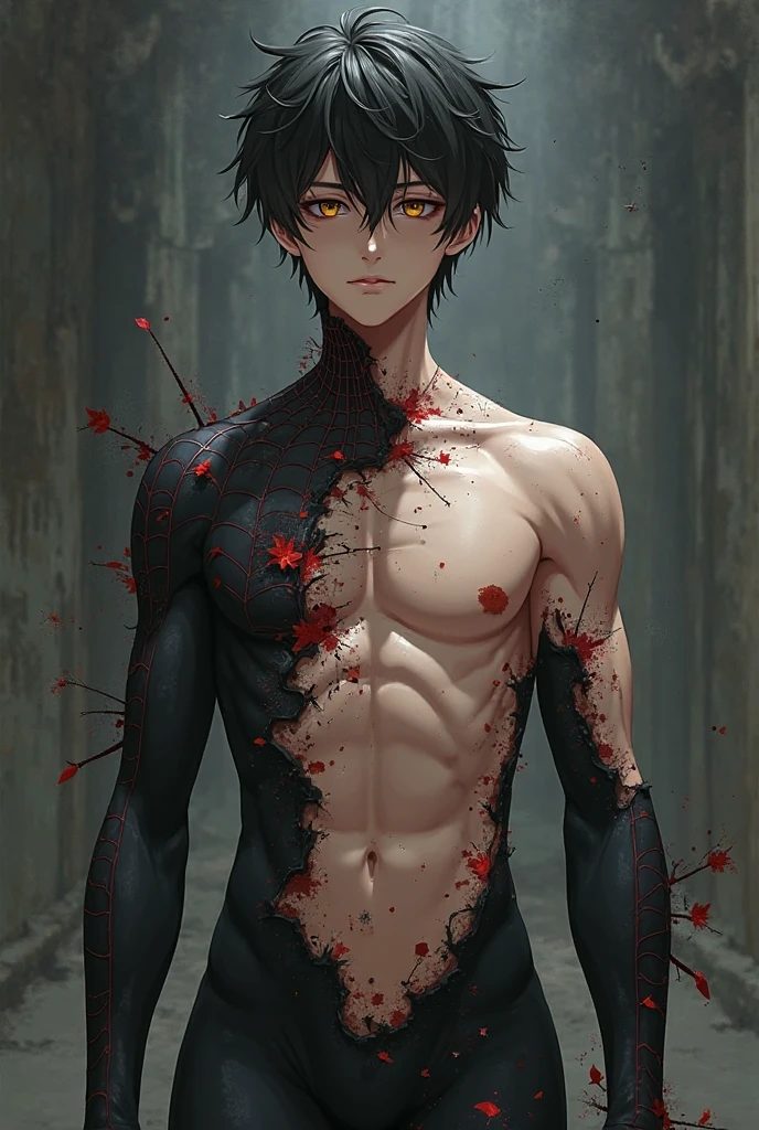 (anime) White-skinned man with burns on his arms, face and dark circles, black hair and tall
