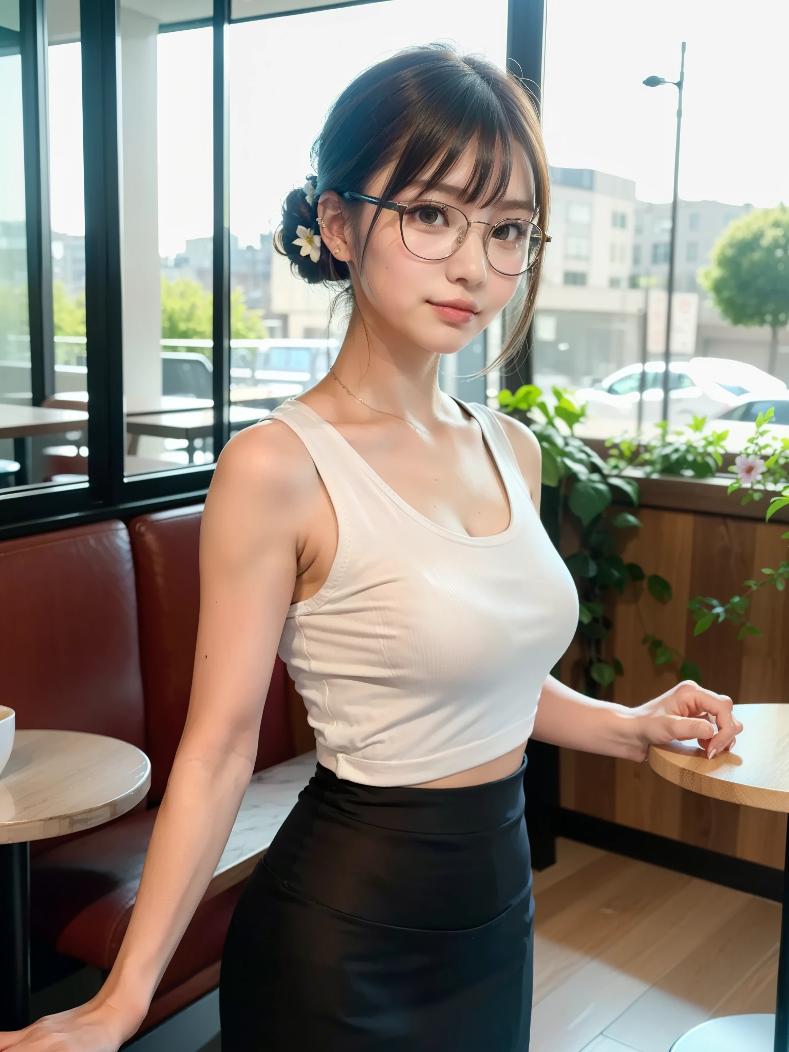 (masterpiece, Highest quality, It captures a very cute moment, Depth of written boundary, Super detailed, Ultra-high resolution, C4D, Octadale, 3D Modeling,Realistic human photos、 8K, 16K, One Girl,Middle school students, Small breasts,Black Hair,short hair,Straight Hair,Light brown eyes,White headband,Wearing black glasses,Cute face), Bloomers, Black tank top, zettai ryouiki, Wet clothes,Classroom Nights,Moonlight, Good elevator, Take off、Real-life skin、Not an anime、Realistic、Not an illustration