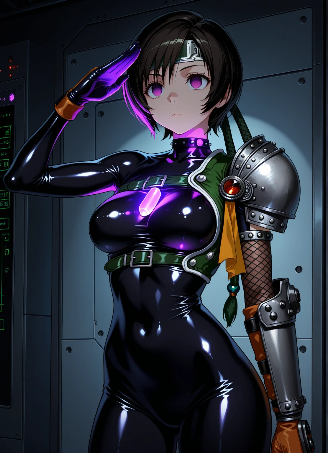 Beautiful Alien with mechanical parts, 30 years old, cyborg, ((green skin)), standing on the bridge of a ((cyberpunk space ship)),  (((massive breasts))), ((cleavage)), cyberpunk clothing, adult female, adult cyborg women
,mecha musume, mechanical parts, mecha, headgear, robot joints, full armor, becoming a mecha, lora:mecha_offset:0, lora:mechatest:0,faceless, helmet, combine assassin, military, gas mask, shoulder armor, armor, bulletproof vest, one-eyed, black bodysuit, white armor, glowing eye, petite