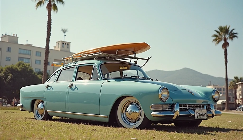 Green VW1300 on the edge of a cliff, in the background the sea beating, a drum on the ceiling being played by a slim blonde in a bikini