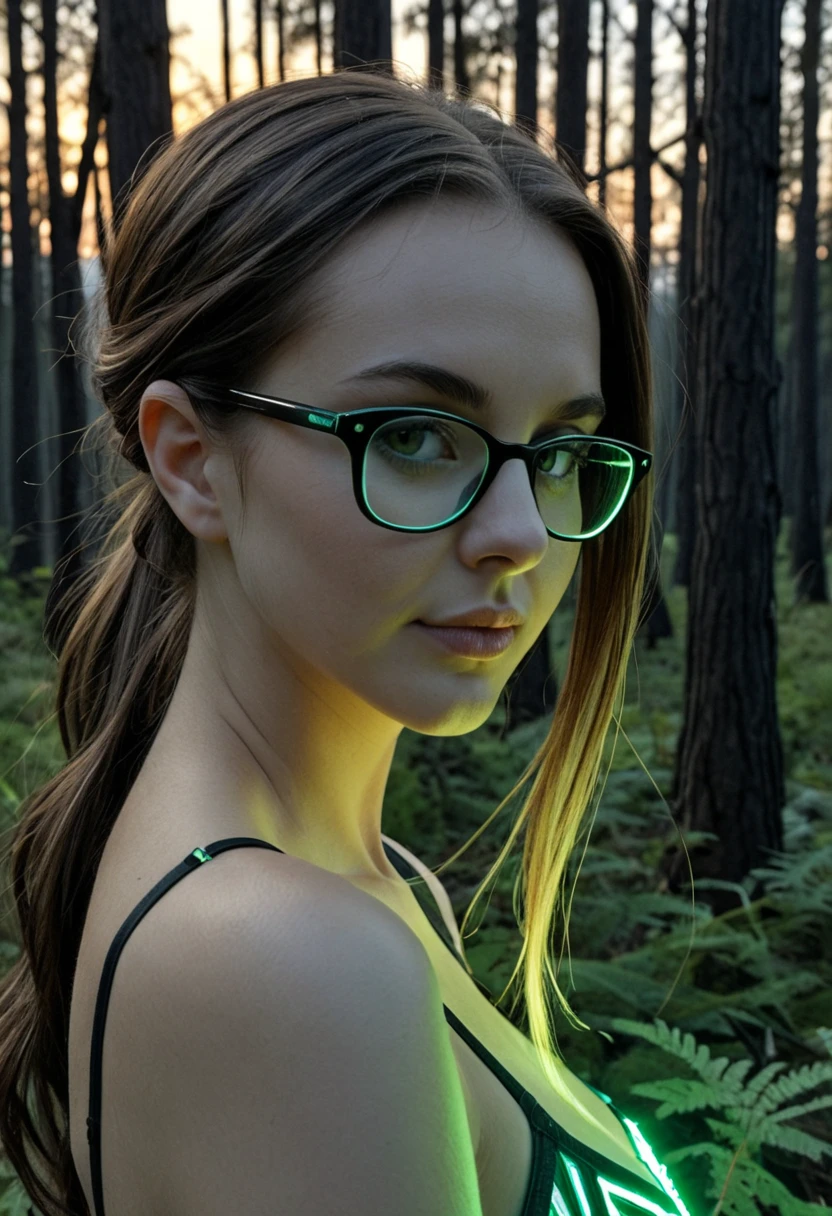 evil slavic woman, long dark blond hair, pale skin, a buff and tattooed squirrel at night , night-vision googles, green glowing glasses, tactical espionage, sneaky,