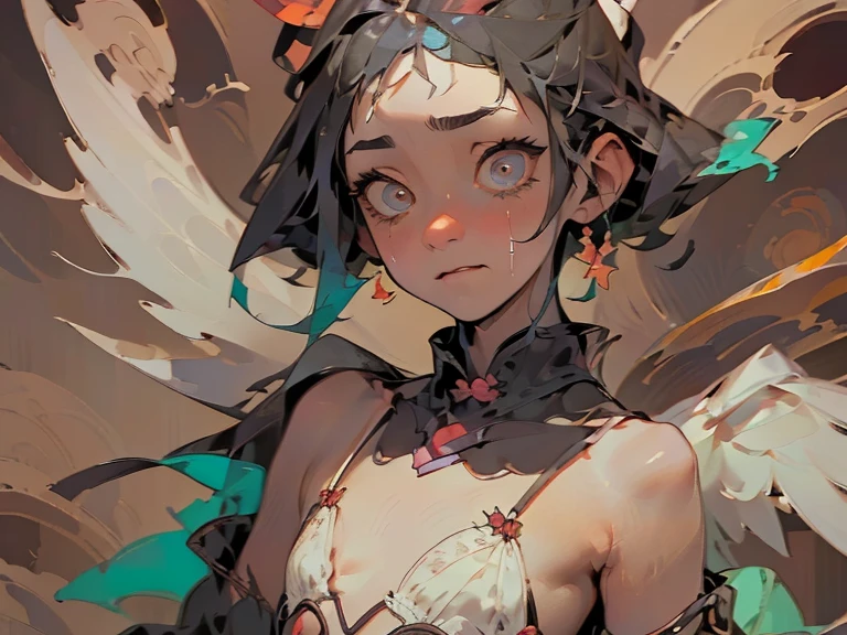 (masterpiece: 1.2, Highest quality), Tan Skin、((Angel in the sky))、((Flat Chest))、Side close-up、Close-up of an 18 year old woman、Top view、There&#39;s a lot of white slime on my face、look at the camera with a sad face、Drooling、Watery eye
