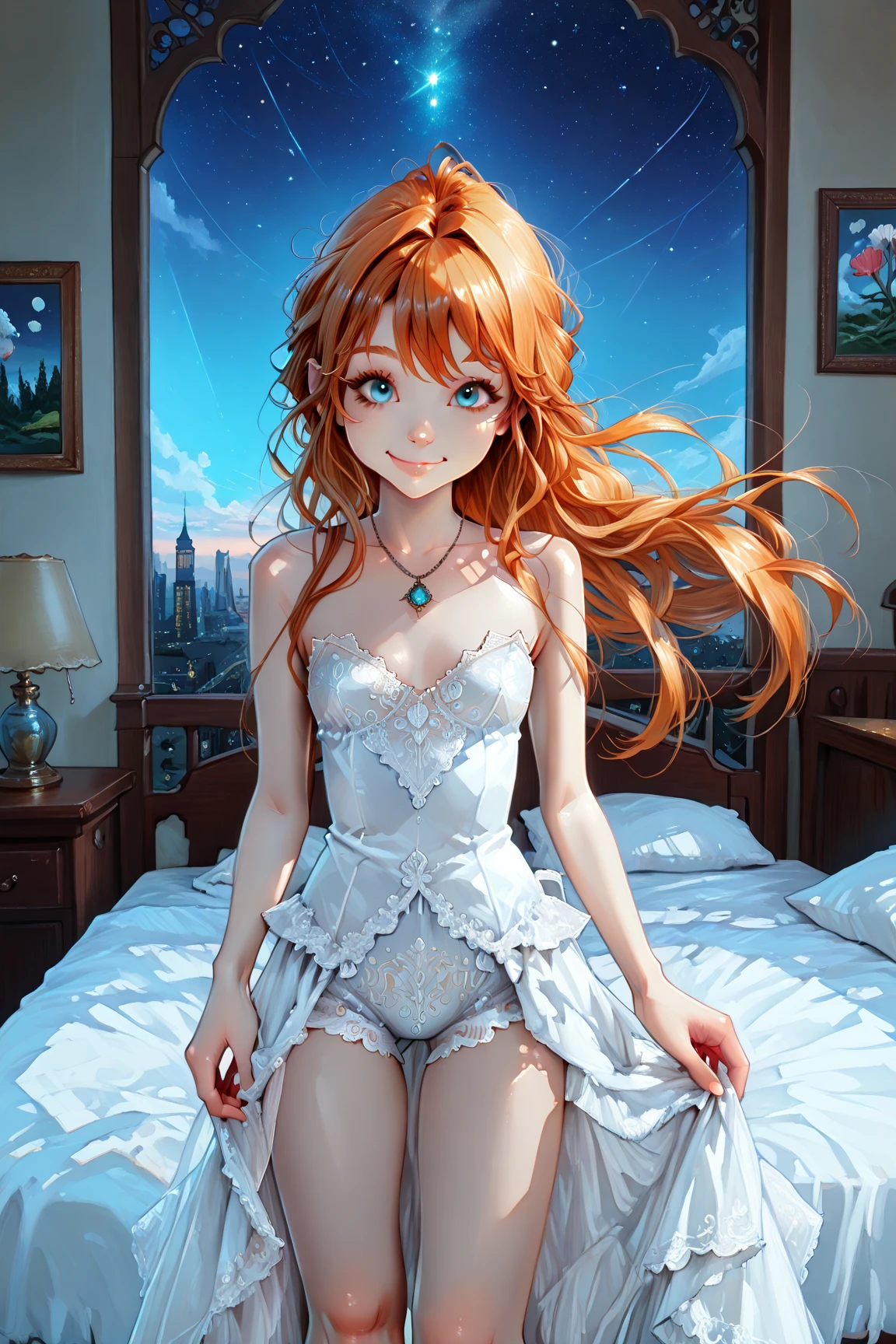 (Unity 16K Wallpaper, Masterpiece, Best Quality, Ultra Detailed, Extremely Detailed CG, Ultra High Resolution, Caustics, Detailed, Beautiful Detailed Eyes, solo, curby:1.3, negligee, dutch angle, naughty smile, girl sitting:1.3), fine skin, straight hair, orange hair, blue eyes