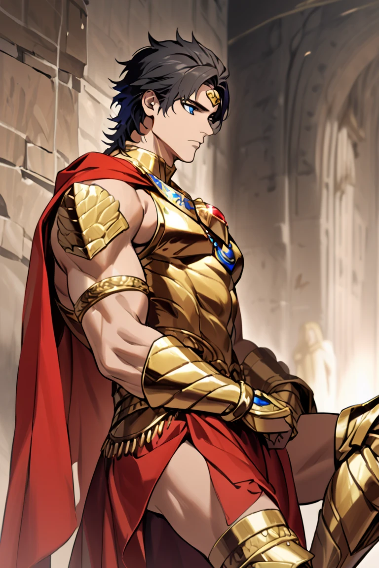 Ozymandias, hombre moreno, musculoso, ojos dorados, dark brown hair. PECTORALES. SONRISA EGOCENTRICA, MIRADA ????.