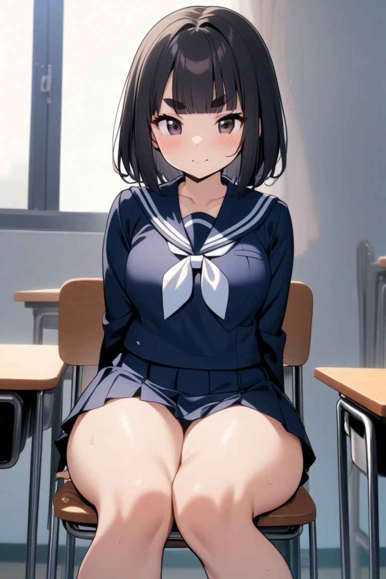 (masterpiece, 4K resolution, surreal, very detailed), girl、、12 years old、near blazer、sit on a chair、classroom、laugh、black hair、side ponytail、brown eyes,holding panties,presenting panties,perfect fingers、tie,white panties
