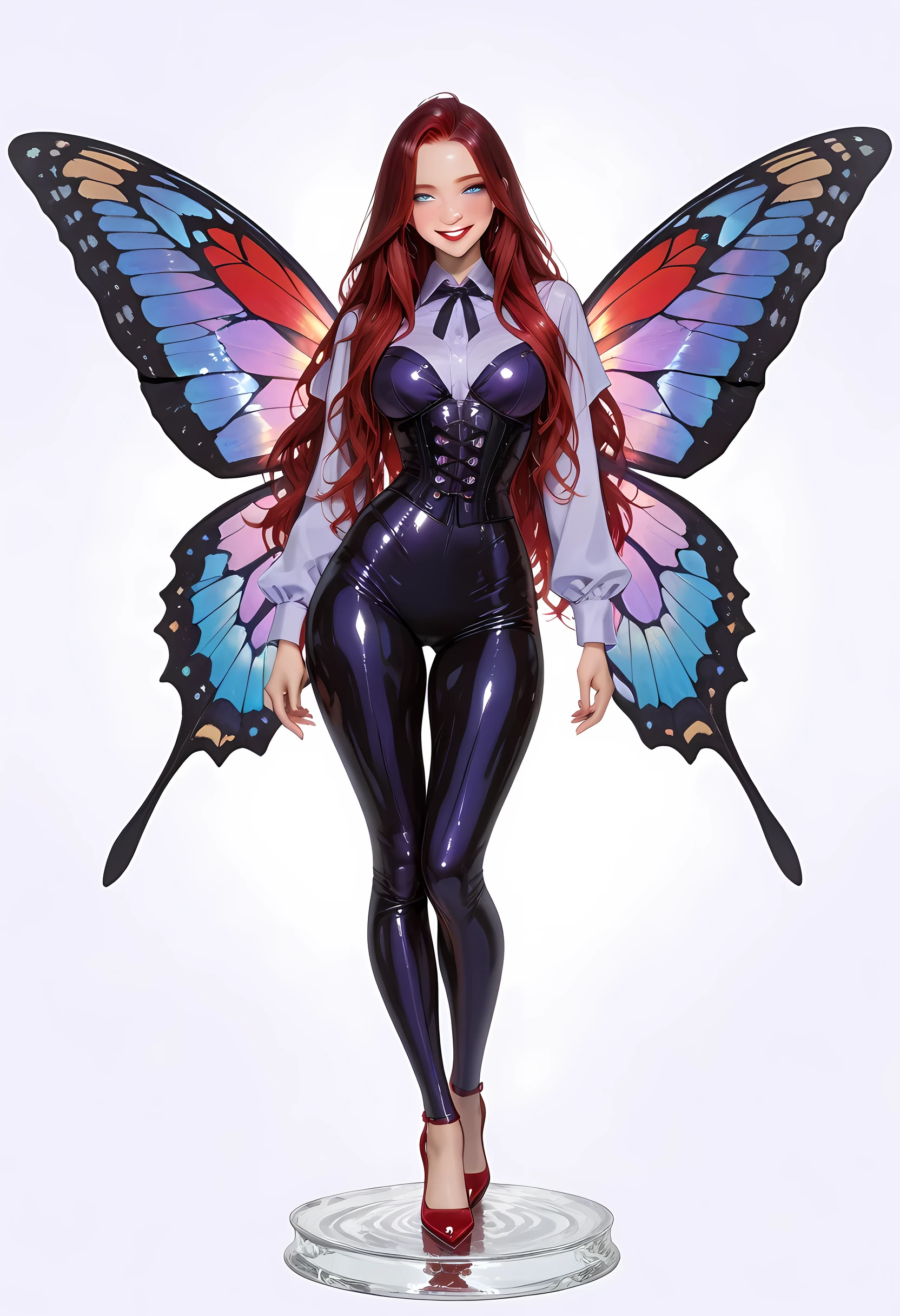 a glass statue of a dark female fairy, beautiful fairy, ultra feminine, best detailed face, having wide butterfly wings butterfly wings, spread butterfly wings, (purple) colors wings (intense details, Masterpiece, best quality), (dark red) hair, long hair, shinning hair, flowing hair, shy smile, red lips, innocent smile, (blue) eyes, dark blue lips, wearing (white) dress latex corset (intense details, Masterpiece, best quality), dynamic elegant shirt, chocker, wearing (red) high heels, glass figurine art, novuschroma54 style