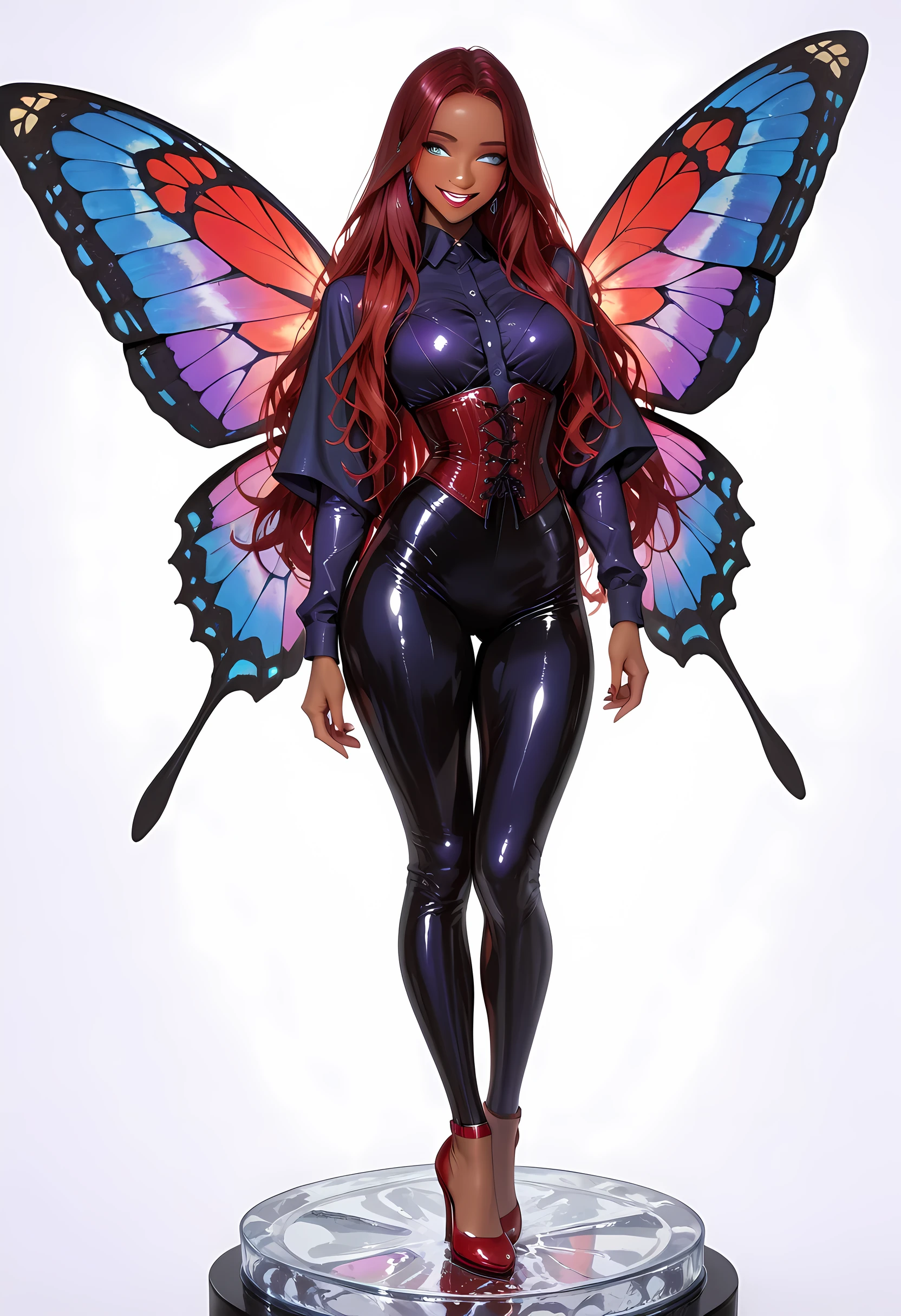 a glass statue of a dark female fairy, beautiful fairy, ultra feminine, best detailed face, having wide butterfly wings butterfly wings, spread butterfly wings, (purple) colors wings (intense details, Masterpiece, best quality), (dark red) hair, long hair, shinning hair, flowing hair, shy smile, red lips, innocent smile, (blue) eyes, dark blue lips, wearing (white) dress latex corset (intense details, Masterpiece, best quality), dynamic elegant shirt, chocker, wearing (red) high heels, glass figurine art, novuschroma54 style