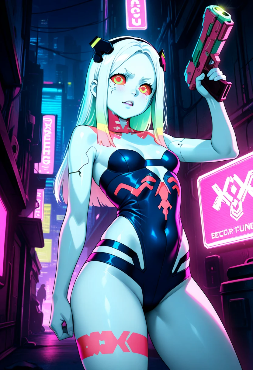 work of art, best qualityer, ultra detali, illustration, epic lighting, film composition, 1 girl, cute, red sclera,red pupils, cyborg, tatoo, hair green, colored fur, breasts small, Black jacke, legs apart hands with black gloves with yellow details, seducing gaze, seductively pose, trunk:1.1, gazing at viewer, pretentious smile, cloused mouth, plein-air, citys, cyber punk, neon lights, Street, (natta, tenebrosa, tenebrosaness, tenebrosa como breu, eyeshadows:1.4), (8K:1.1),