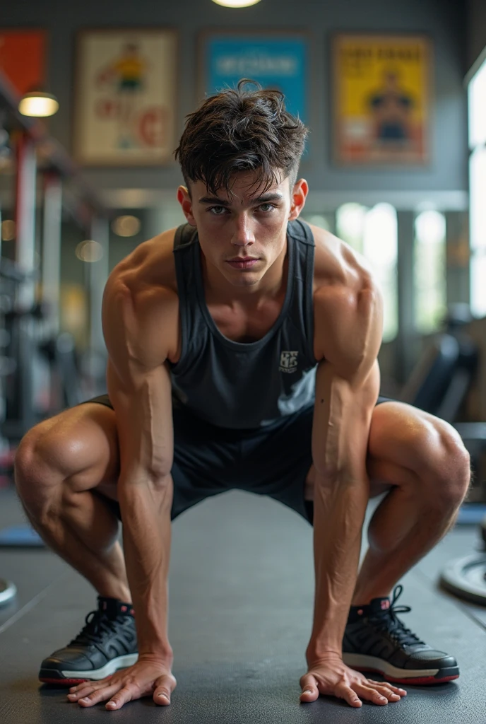 1boy, (Blue Eyes), happy smile,American boy,16 years old,young, slim body, slender, skinny body build, child-like,White Teenage boy ,gym, sitting on a gym bench, sweaty brow, smiling, ADConrad is a sexytrainer, sweaty white tank top, black micro thong with medium bulge, white socks, sneakers, ((full body portrait)), wide angle ,wearing black micro thong with medium bulge,pale skin, skinny, good lighting, very pale skin, light skin, model with attractive body,medium bulge and medium butts,(Best quality, 8k, Masterpiece). High Detail , superior quality, natural lighting, beautiful, sexy, correct anatomy, good composition,realistic shapes, realistic skin tones,Natural eyes,realistic eyes,looking up at viewer,vpl,realistic muscles,Realistic wrinkles on the skin,Realistic arms and legs,Realistic face,realistic hair,Make a sexy and seductive face,, Clear Focus: 1.2, Perfect Body virile: 1.4 , Slender Abs: 1.2, Highly detailed face and skin texture, detailed eyes, double eyelids, big upper lip, man focus,amazing composition, front view, HDR, volumetric lighting, ultra quality, elegant,Post a erotic photoshoot,Realistic pose,detailed hair,full body,Fujifilm XT3 photorealistic art by midjourney