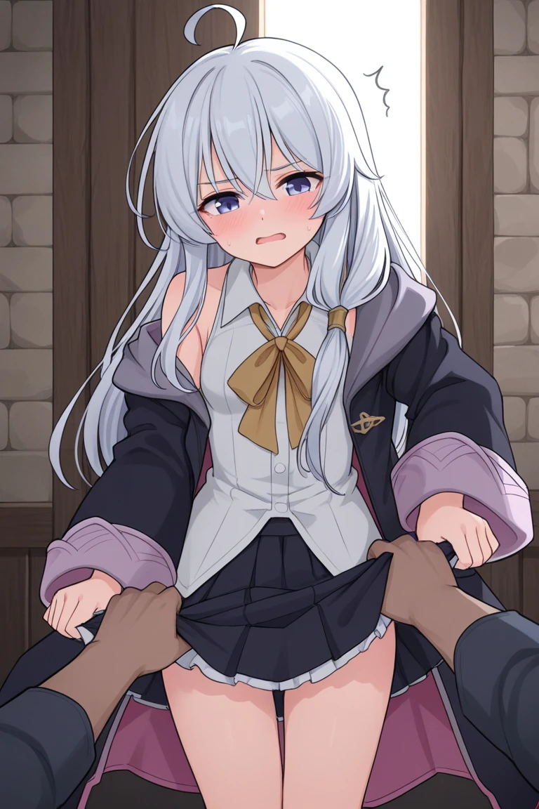 {{{masterpiece}}}, {{{best quality}}}, {{ultra-detailed}}, {illustration}, {{an extremely delicate and beautiful}}, (beautiful detailed eyes:1.6), extremely detailed face, 8k, anime face, NSFW, 1girl, elaina (majo no tabitabi), elaina_majonotabitabi, witch, cute face, long hair, white hair, ahoge, hair between eyes, sidelocks, pink bow, single braid, ribbon on braid, yellow hair clip, blue eyes, bare legs, medium breasts, thin waist, big hips, curvaceous,, BREAK, white shirt, witch hat, black headwear, black robe, black skirt, yellow ribbon tie, pleated skirt, open clothes, long sleeves, collared shirt, brooch, wide sleeves, hooded robe, miniskirt, open robe, boots, black footwear, Witch Shoes, BREAK, NSFW, A man and a woman are having intense sex that drives them crazy, ((1man and 1woman, having sex)), (SEX:1.5), intercourse with a man, (reverse suspended congress:1.3), Rear cowgirl position, poses, {{{penis into pussy}}}, stomach bulge, hetero, sex with men, nipples, elongated penis, veiny penis, testicles, sex from behind, open vagina, clitoris, nail, {{{grab thighs}}}, spread legs, {{open vagina, spread pussy, pussy, clitoris glans, urethra, vaginal opening, labia minora, uterus, smooth pussy}}, taking off clothes, open clothes, Open shirt, open jacket, breasts, nipples, lift up skirt, blush, open mouth, embarrassed, naughty expression, raise your legs, M-shaped spread your legs, {{{uncensored}}}, Handsome young man, interracial, netorare,male body, sit, face-to-face, looking down, from below