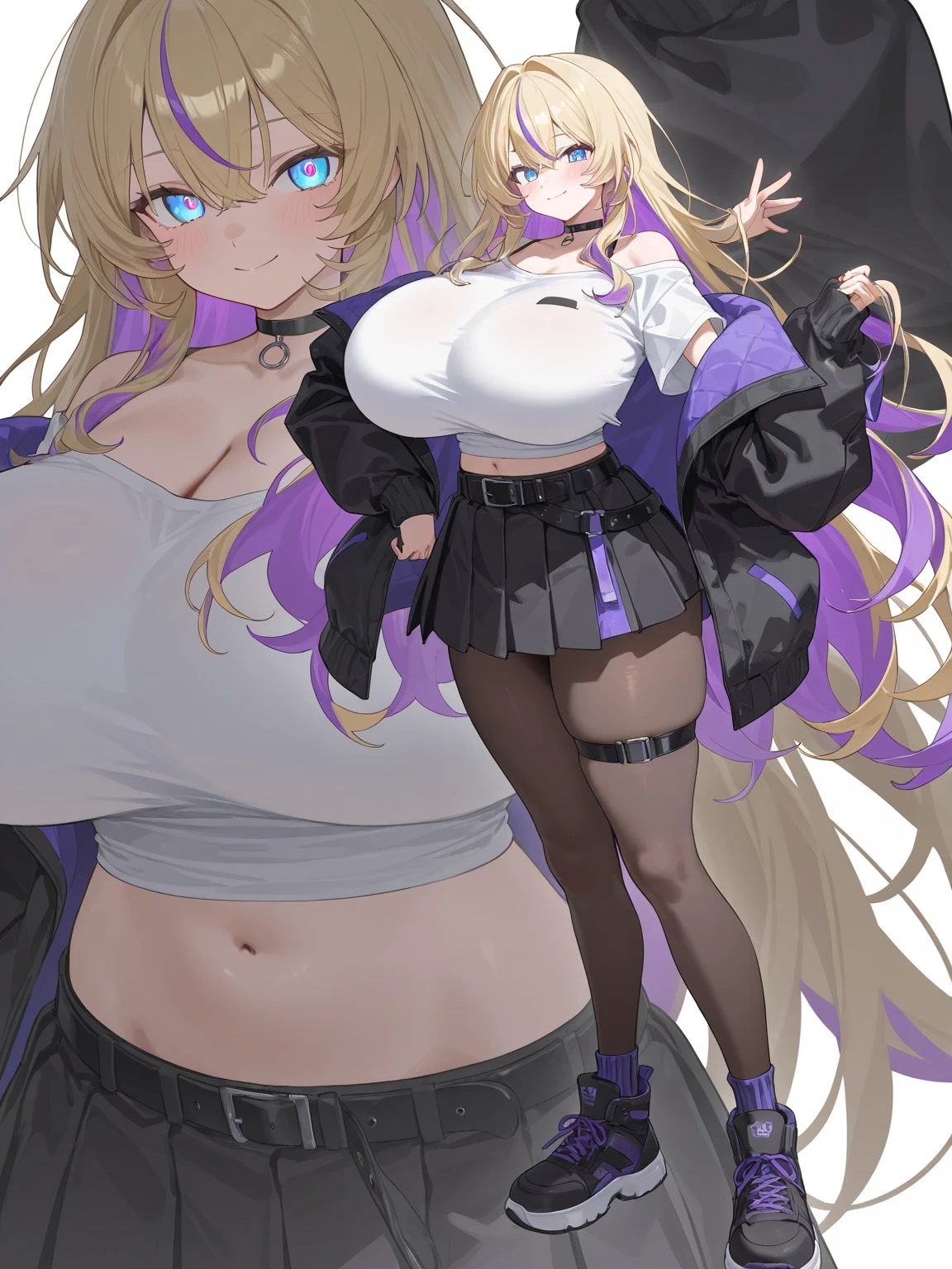 1 tall girl, long dark blonde hair, slim build, wavy hair with knee length curls, small face, sectoral heterochromia (one gray eye and one purple eye), ribbon with star design on the right side of the hair, She has a short double braid on the left and right side of her head... , extremely detailed face, Beautiful detailed eyes, beautiful detailed lips. short height 180cm, adorable, extremely detailed legs, (Best Quality, 4k, 8k, high resolution, Masterpiece: 1.2), ultra detailed, Exquisite and epic character art.., Amazing modern character trending theme.., character design (Character Reference Sheet: 1.10, Full body front and rear angle.), Black long stockings with elegant striped design.., Black platform heels, Long Ruffle One Piece Dress., black shoulder length gloves with gold star patterns, light gray belt over the dress, black necklace with heart emblem on the neck. Serval ears on his head.., It has a succubus tail that ends in the shape of a star... Wide hips. Wears a gray and black halo with star patterns. big breast size