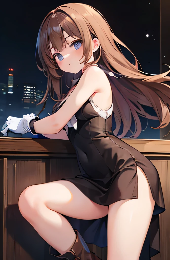 masterpiece) ((((Highest quality))))((High resolution))))))、、Brown Hair、、Ride Good、Around town　blue sky、、From below、One person、Black Knitted Dress、Big Breasts、glamorous、Pencil Skirt