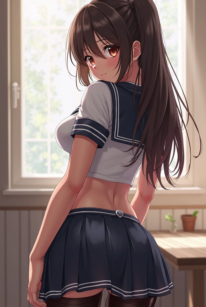 1 girl,(masterpiece:1.2, ultra-detailed:1.2, best quality:1.2, 8k, ultra-high res, highly detailed,wallpaper CG,super detailed skin),
(head tilt),(standing,leaning forward:1.2 ,stick out butt:1.2,show off crotch),(slender thighs,POV),(close up ass:1.4) ,
(Hands up),(white panties to wet,Panties that fit snugly around the crotch),
BREAK
1girl, yo, beautiful face,perfect face, detailed face,deep detailed eyes, (shiny light brown beautiful eyes), (half closed eyes),((sleepy eyes)), (droopy eyes) , happy smile:1.2), detailed lips, (beautiful lips:1.3), (blush), (shiny brown hair, long wavy hair), ((serafuku, school sailor uniform)),((pleated mini skirt)), (huge breasts:0.8), (crop top:1.2),(hanging breasts),looking back,
BREAK
perfect butt,(back view,from below:1.4,low angle:1.2 ),in the school, summer,