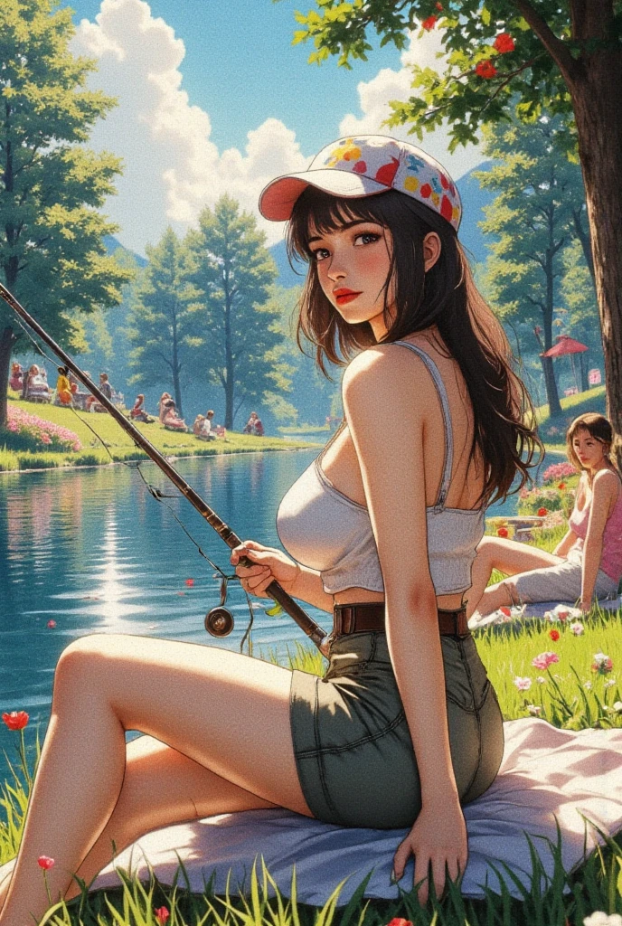 fix the imageA stunningly detailed, photorealistic anime-style illustration of a beautiful, curvaceous young woman fishing by a tranquil lake in South Florida. (big breasts:1.3), She wears a sun-protective trucker hat, a revealing tube top, and jeans shorts. With a chum bucket and a beer cooler by her side, she patiently waits in her plastic foldable chair for her next catch. The late afternoon sun casts warm, golden light over the scene, reflecting on the calm waters and enhancing the vibrant colors of her surroundings.