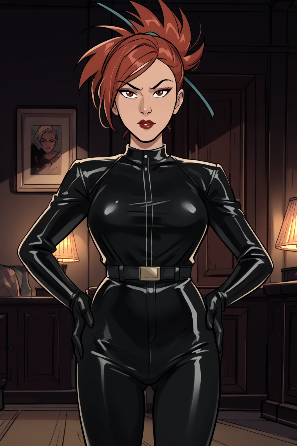 ((masterpiece), best quality, high quality, professional quality, highly detailed, highres, perfect lighting, natural lighting), Whirling and swirling, rash guard, Femme fatale, Short, Narrow Hips, Square Face, perfect eyes eyes, Fair Skin, Magenta Hair, yellow Eyes, Long Nose, Pouty Lips, Prominent Chin, Shoulder-Length Hair, Curly Hair, Shaggy Cut, big breasts, teal metallic lipstick, ((Wearing: Black opened jacket, Strapless leather top, tight black pants, belt and leather boots:1.2)), cleavage, midriff, she's looking at the camera with an inexpressive look, she's smoking a cigarette, Graffiti Alley, Trash Can, she's leaning up against a wall.