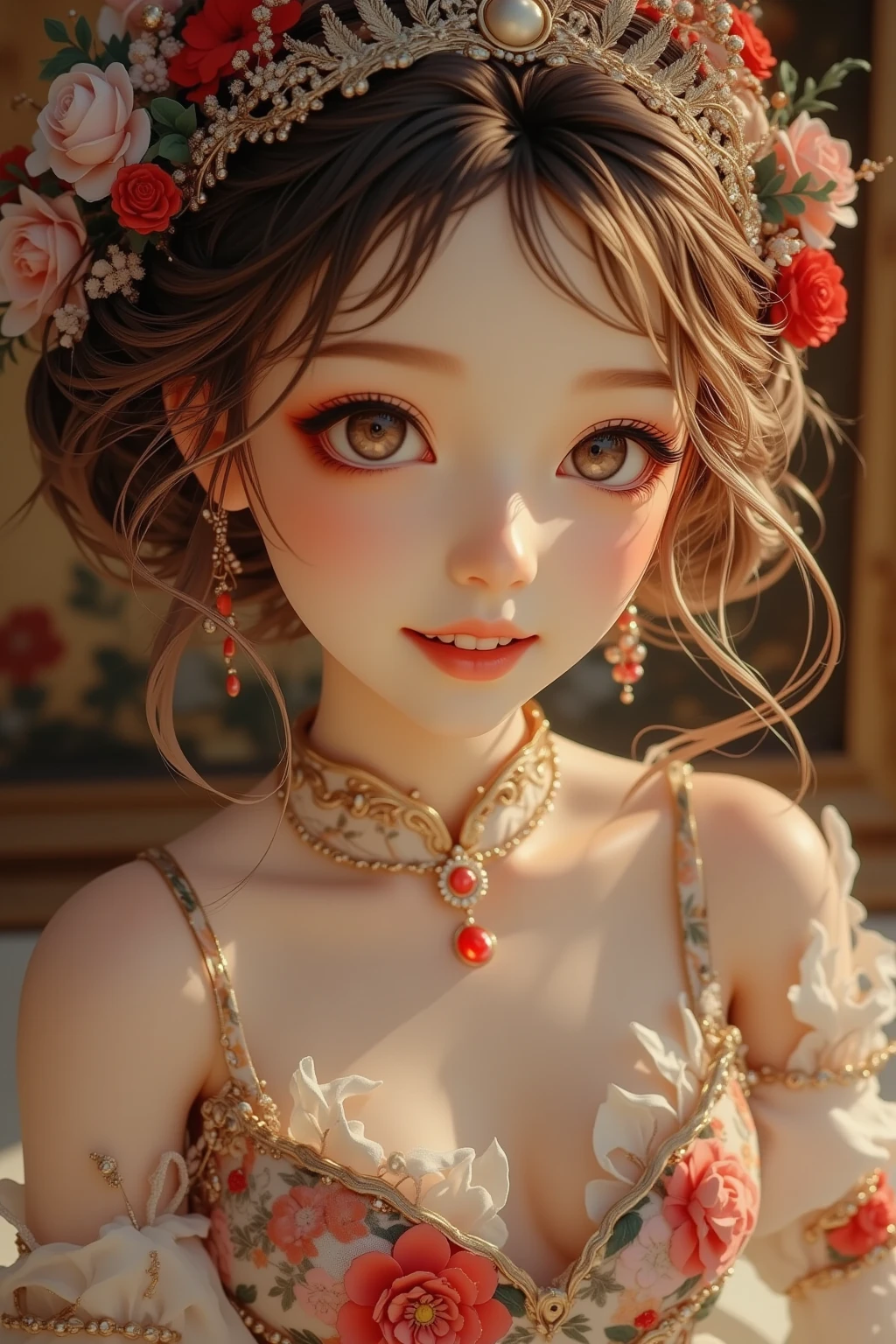 A humanoid non-human female, wearing an antique kimono with a lot of exposure, long wine-red hair, a few rose decorations, and wine pins(Like a jewel)