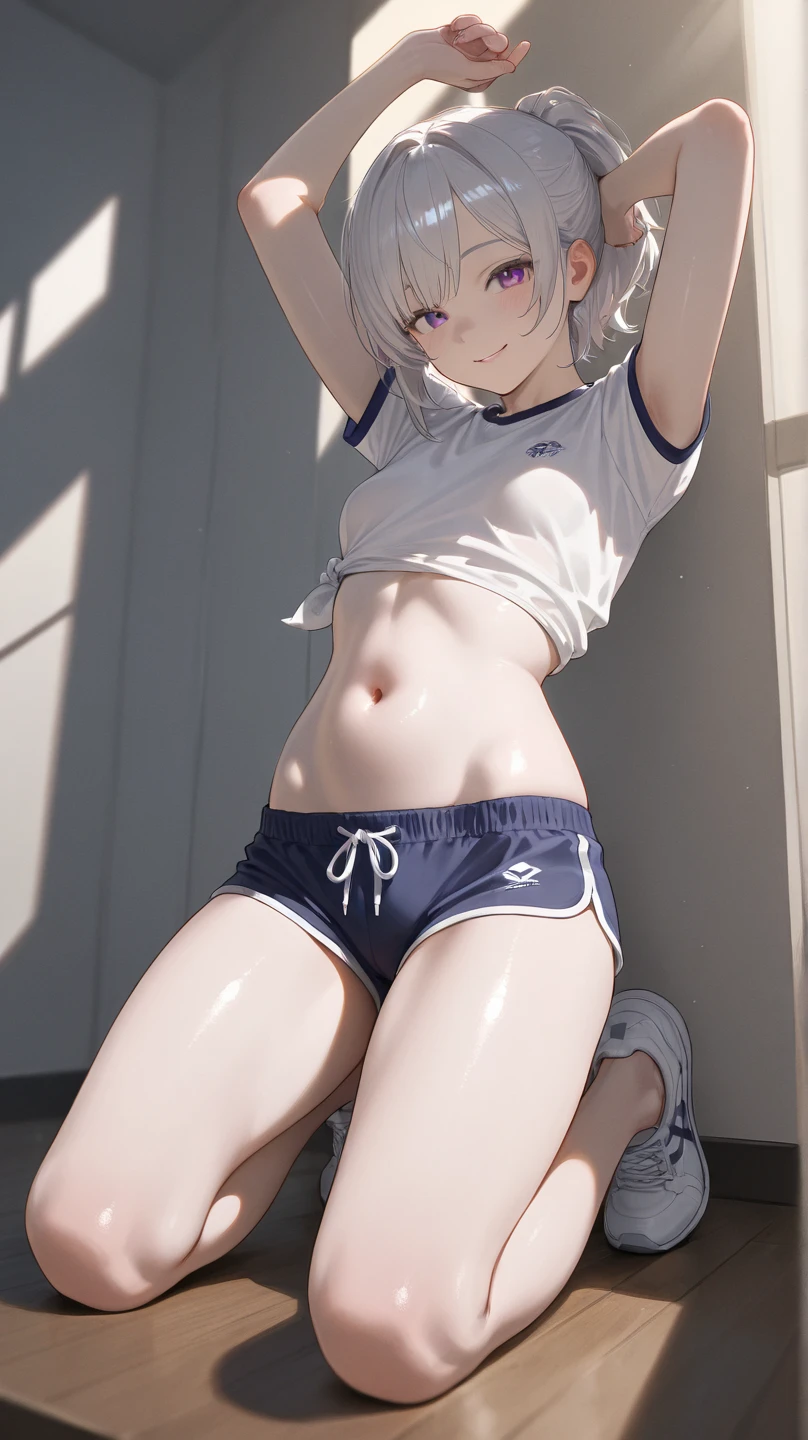 10 years old, gallant girl,
(small breasts:1.3), slender, (thin legs:1.2),
(gray long hair, blunt bangs:1.3),
black eyes, (glasses),
(white gym uniform, blue buruma, white socks:1.3),
squatting, spread legs,
changing room, (from below),