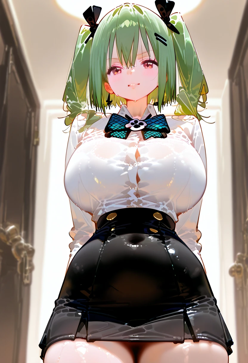 (8K,Highest quality,masterpiece:1.2),(pupil),(Clothing Details),(Big Breasts) ,((Detailed hand and fingers)),High quality CG Unity 8k Huge file size,Ultra fine,High resolution,美しいpupil,Ray Tracing,Dramatic Shadows,delicate,Hyper Detail,(1 girl:1. 3)、(Single)、(Pastel green princess cut)、 (Cosplay、Cute green wizard latex maid dress with white frills、Latex Short Skirt)、blush、Big Ass、((Two-dimensional woman)),(One person)、(Simple Background)、hot、((Sweaty))、((Cowboy Shot))、Black leggings、(((squat)))、(((Lifting the skirt、Showing black panties)))、(((Face forward and spread your legs wide)))、Embarrassed