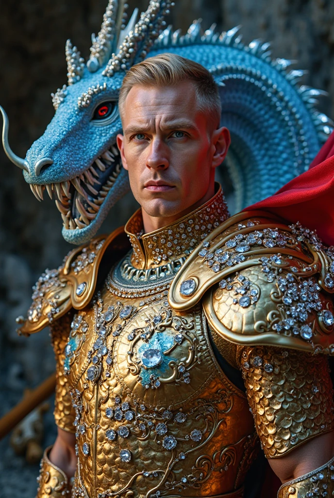 create man, 32 years old, viking, short yellow golden hair, golden eyes, tanned skin, golden prince clothes, golden dragon background, handsome, broad shoulders, hdr, hd, 8k, 4k