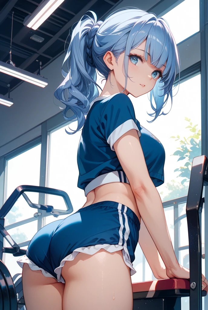a girl sitting on gym cycle saddle, spread legs, dolphin shorts, blue hair, ponytail,