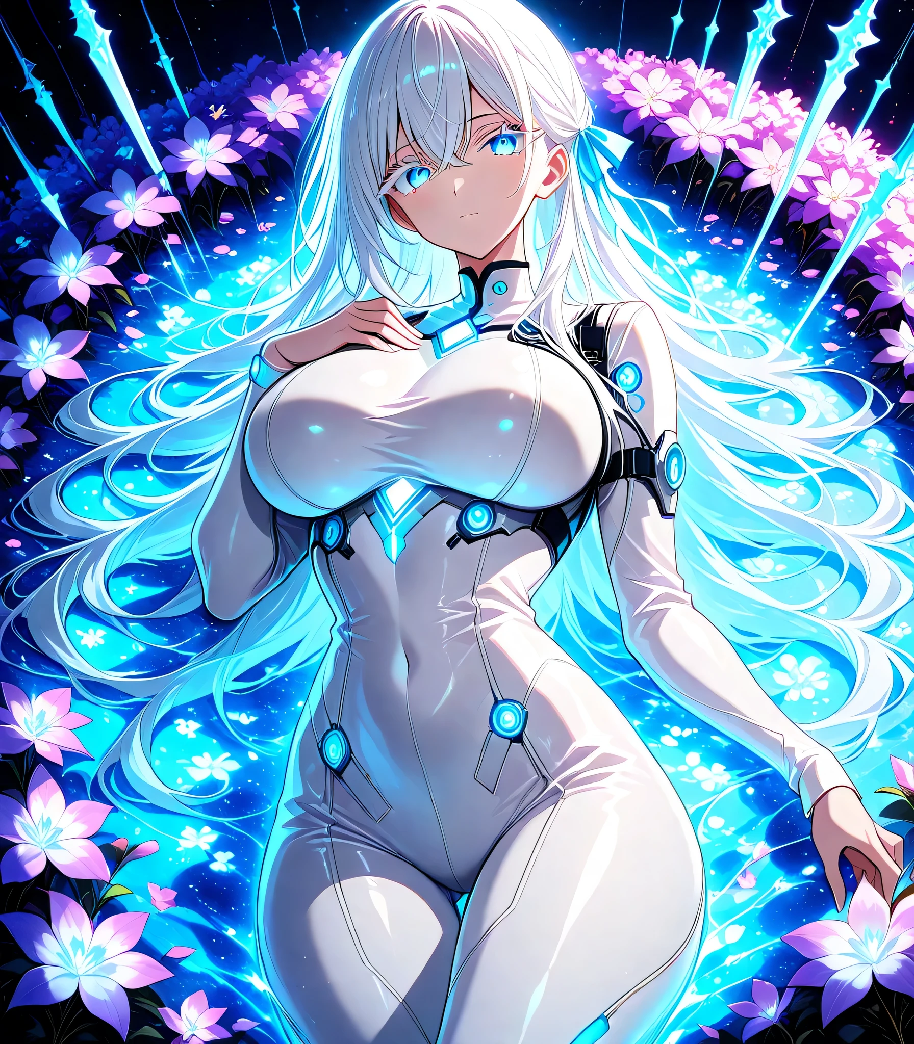 1girl, blue eyes, white eyelashes, white hair, long hair,hair ribbons, hair between eyes, large breasts, curvy, beautiful, sexy, cool, , white bodysuit,glowing white hair, laying in flowerbed, ultraviolet light, ultraviolet flowers, best quality, masterpiece, dark background, comforting, elegant, glossy, ethereal , score_9, score_8_up, score_7_up, source_anime,