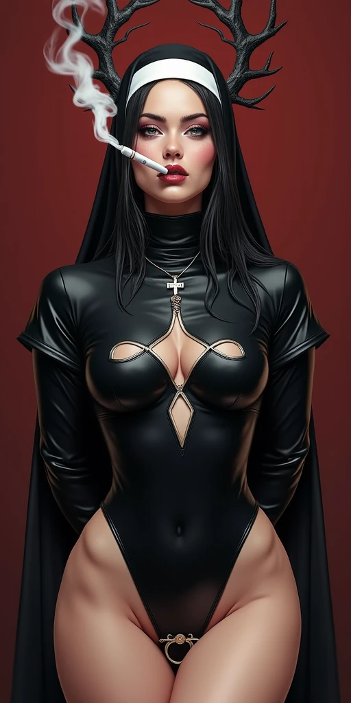 The most beautiful succubus of the night, chifres, olhos sem pupilas, sorriso do dedo, Pose de agachamento aberto, totalmente sedutor, foto de corpo inteiro, Nikon Af-s Nikkor 35mm f/1.4, gothic art, Cinematic lighting, perspectiva, UHD, master part, super detalhe, 8k