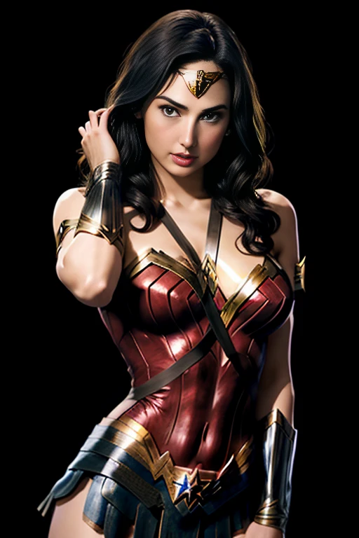 BOMBSHELL GAL GADOT AS WONDER WOMAN, MATURE WOMAN, 30 YEARS OLD, ATHLETIC BODY, MUSCLES, looking at camera, gigantic breasts, cleavage, (high detailed skin:1.2), 8k uhd, dslr, super lighting, high quality, film grain, high res, highly detailed, hyper realistic, beautiful face, beautiful body, beautiful eyes nose lips, alluring expression, very bold, upper visible, full body photo, standing legs apart, pale translucent glowing skin, most beautiful face, cute, (well defined pubic hair:1.2)), (dark plain black background:1.4))