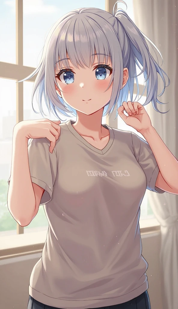  female，silver hair，blue eyes，short camisole，crop shirt ，white，Art， anime，illustration ，