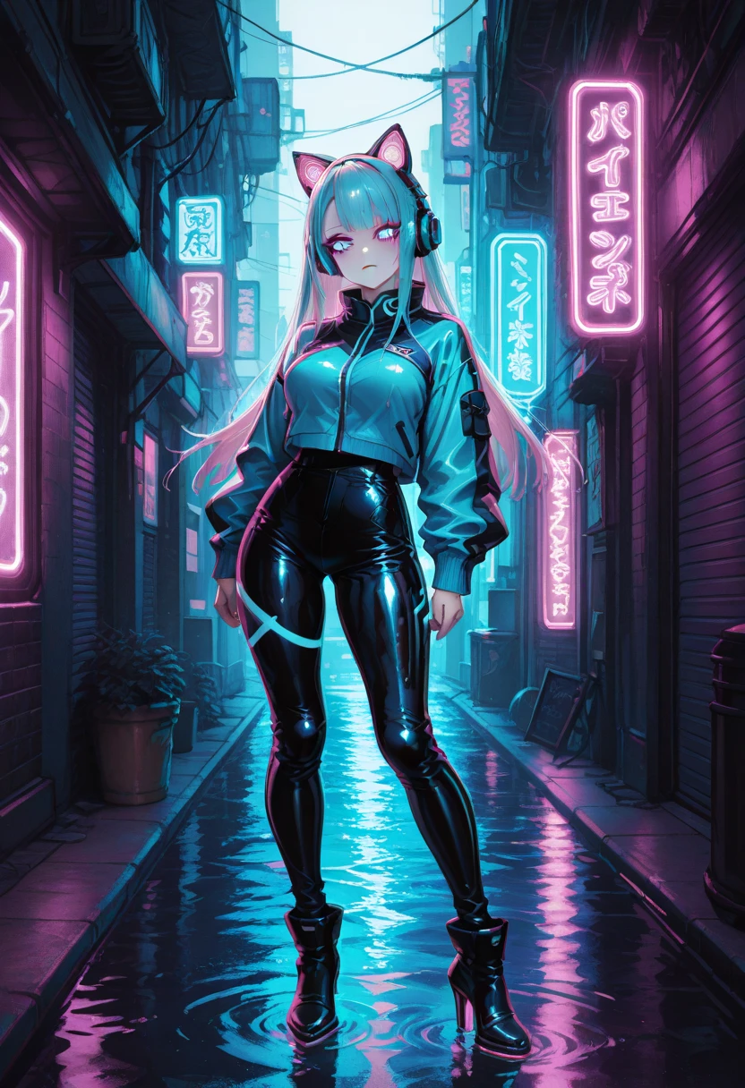 (best quality, masterpiece), 2girls, hologram, cyberpunk, neon, fog, (cartoon: 1.5), thong, tight, small, neon signs, ramen shop, fishnet stockings very low, transparent, very long hair, on piece suit, latex