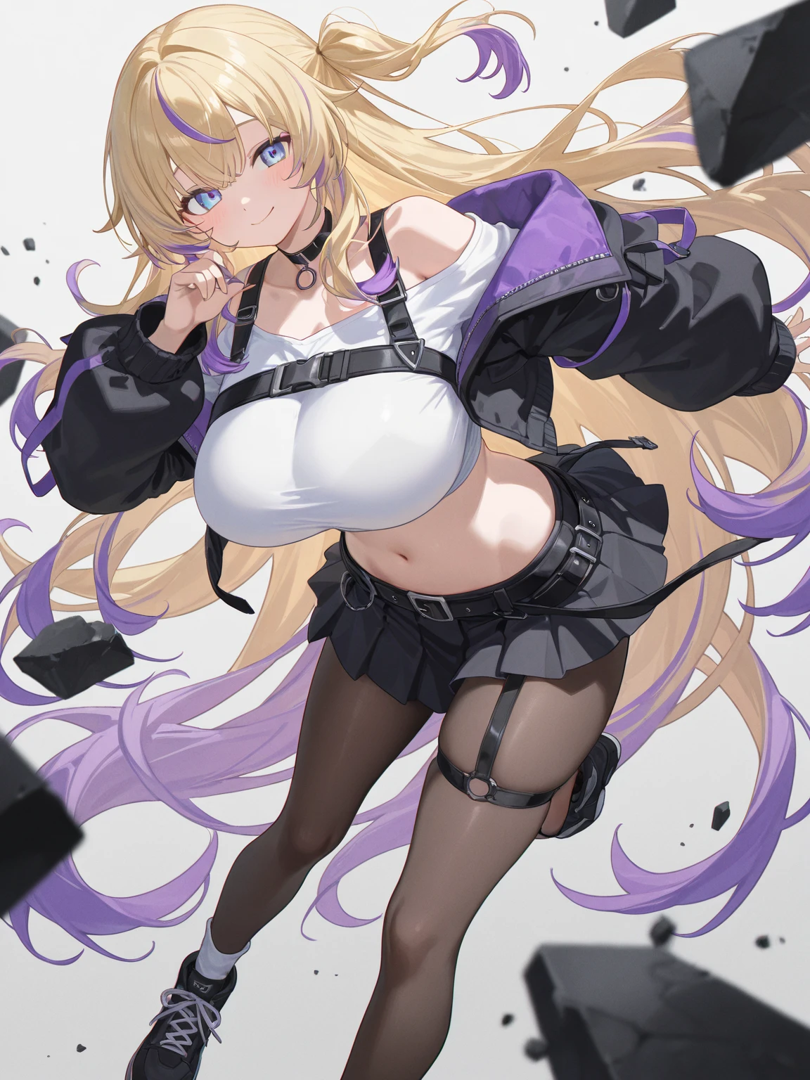 masterpiece, best quality, 1girl, weapon, breasts, solo, colored-inner-hair, thighhighs, long-hair, holding, large-breasts, sideboob, gun, mole, detached-sleeves, holding-weapon, full-body, smile, bangs, mole-under-eye, black-hair, looking-at-viewer, gloves, dress, black-thighhighs, multicolored-hair, garter-straps, hair-ornament, white-gloves, simple-background, orange-hair, two-tone-hair, black-footwear, holding-gun, bare-shoulders, closed-mouth, blunt-bangs, purple-eyes, skirt, black-dress, high-heels, puffy-sleeves, frills, hairband, blush, ribbon, standing, ((bayonet)), pleated-skirt, shoes, black-skirt, ((rifle)), long-sleeves