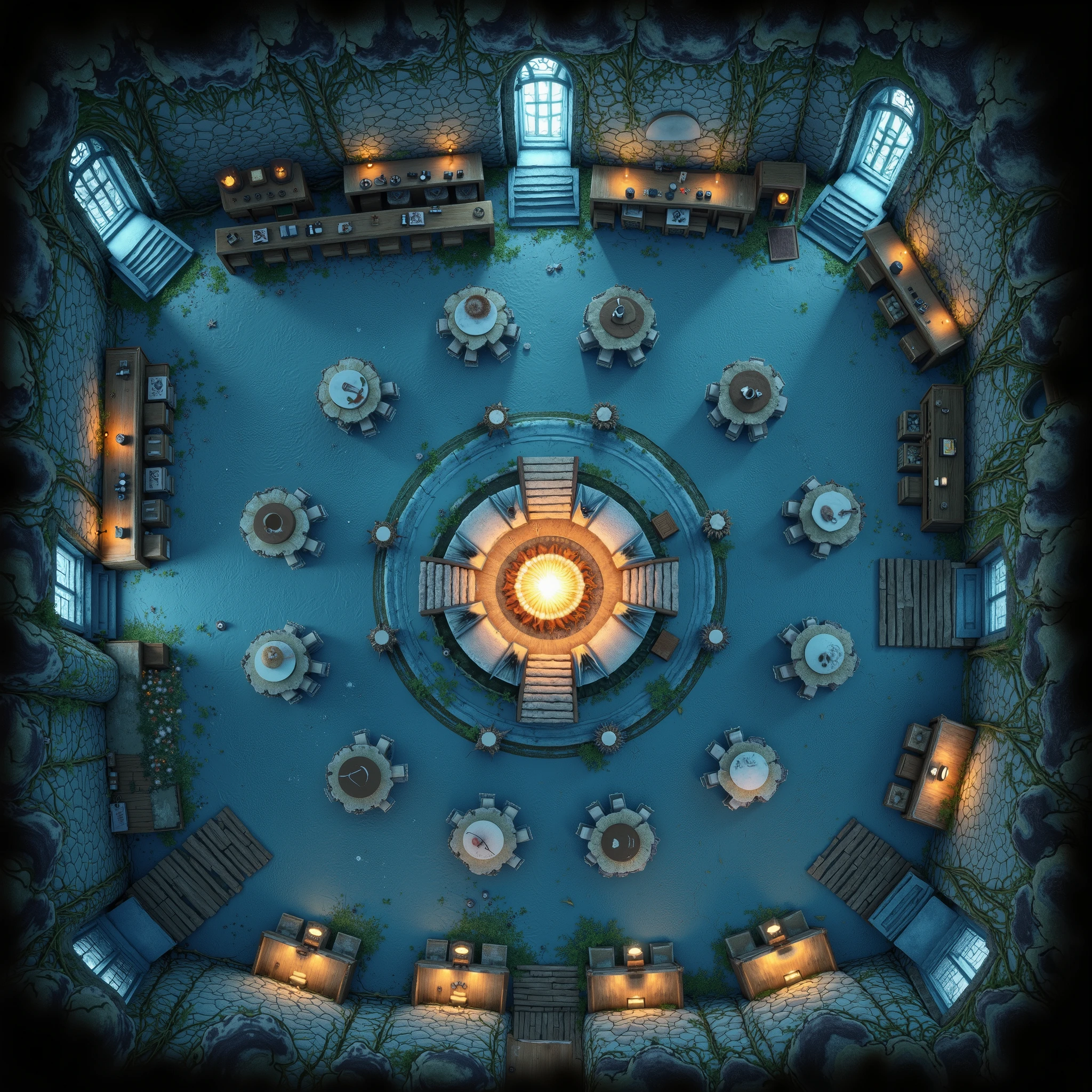 Top-down, fully overhead view, ultra-realistic, high-fantasy medieval troll tavern battlemap. Include a massive central hearth (20 ft. wide) with glowing glacial embers (#4682B4), ice-forged tables and bone stools (#F5F6F5) in a cavernous main hall, a polished ice-and-vine bar counter (#4682B4, #4A7043), a secluded oracle’s alcove with seashell inlays (#F5F6F5), and an elevated relic loft with a vine ladder, all on a mossy stone floor (#4A7043). Glacial ember light casts a soft blue glow, with bioluminescent fungi (#00CED1) on the ceiling, creating a warm, mystical mood. Special details: scattered bone mugs on tables, a glowing seashell in the alcove, and a hidden trapdoor in the loft. No isometric or angled perspective, no antique map elements, no labels, no borders. All textures and objects are detailed and true to life—icy surfaces, mossy stone, vine tangles—perfect for fantasy RPG grid play, reflecting the Frostwoven Kin’s massive, organic troll architecture.
