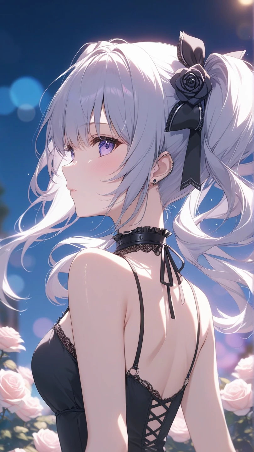 ((Masterpiece)), (highly saturated), (Anime:1.5), ((best quality)), (sketch:0.3), (best quality:1.2), (Professional Photography:1.2), (12 years old), ((1girl)), Textured skin, cinematic lighting, from behind, intricate details, pale purple hair, cute teenage girl, (angry, very blush), lower eyelashes, (twin braids), single elbow glove, ragged short shorts, cute bikini top only, Thin chain necklace, belt, bullet, upper body, potrait, (cute pose), ((on the steampunk city)),