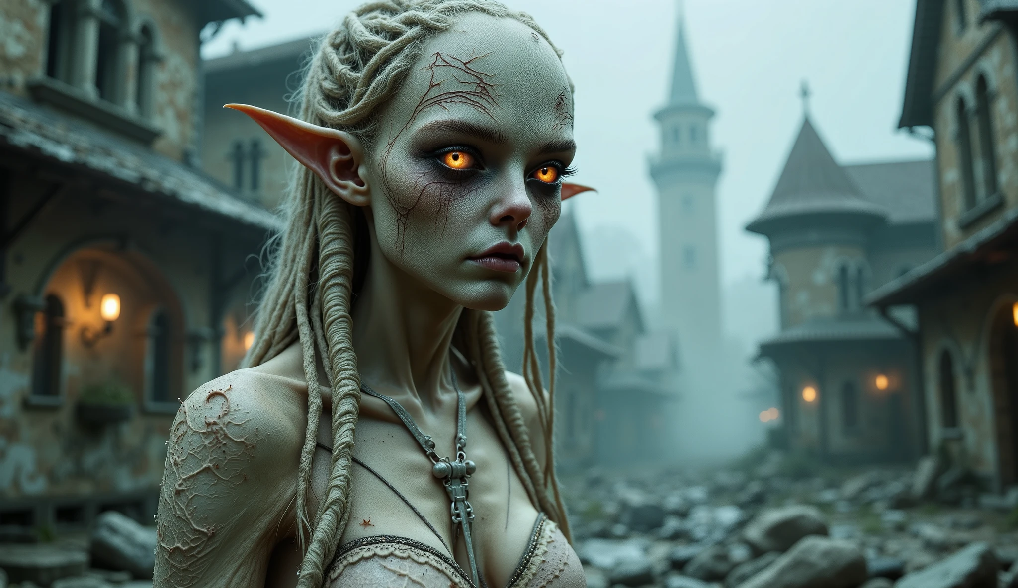 solo, spooky, decayed Swine Person woman, (glowing:0.7) brown eyes, vivid colors, Messy and unwashed orange hair, sores on the body, in action, (evil:1.4), (crazy look), (laugh), extends a hand to the viewer, white arteries, dressed in a magical ribbed sweater with shining runes, magical effects, ultra detailed fantasy cemetery environment, dynamic lighting, atmosphere lighting, perfect eyes, sharp focus, 8k high definition, insanely detailed, intricate