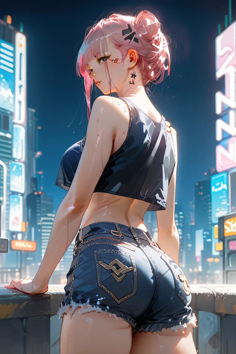 (masterpiece), (best quality), (Highres), Detailed, (Inricate Details 1.2), (Hyper Detailed 1.4), (Ornate Digital Art 1.2), absurdres, 1girl, big breasts, ass, hair ornaments, solo, pink hair, (black shirt:1.3), jeans, (train station:1.2) running, thighs, shortstack, porn actress