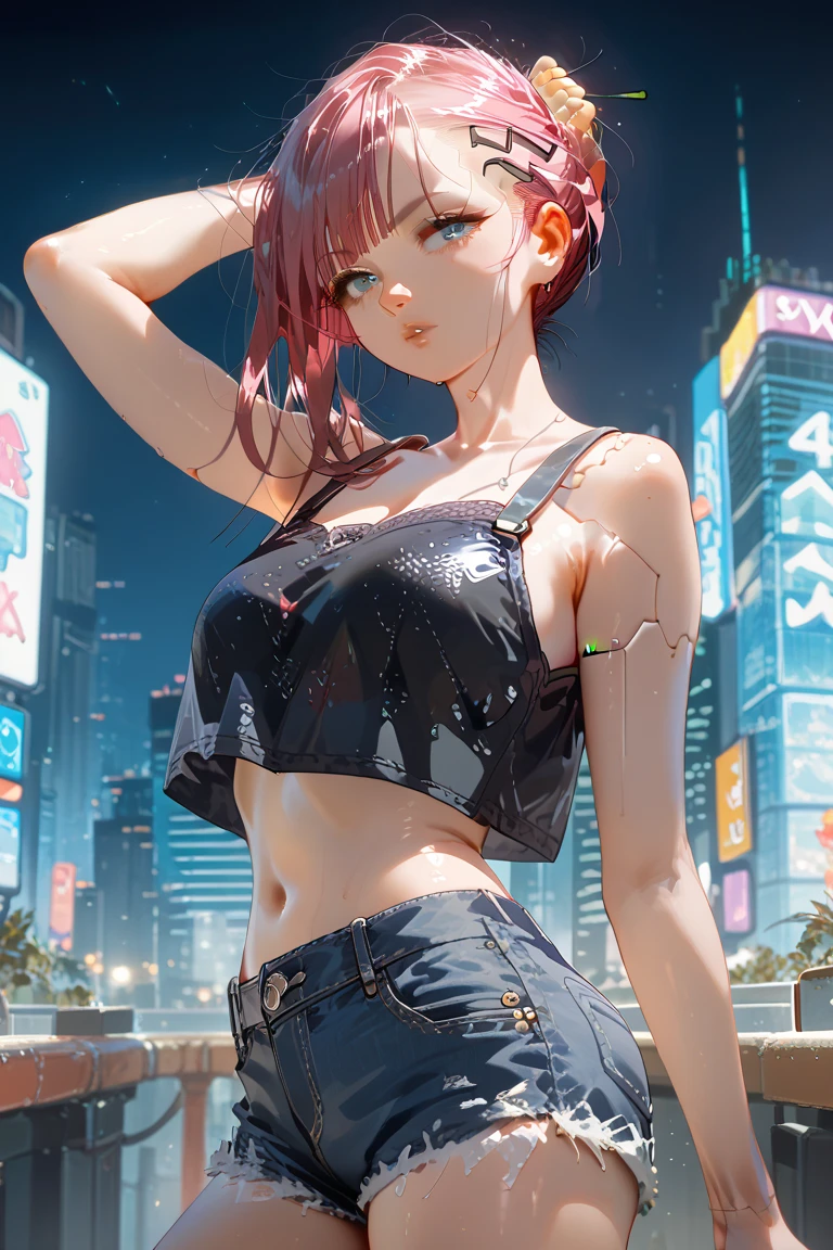 anime, intricate details, amazing quality, complex background, amazing shadows, sharp shadows, big breasts, short hair, messy hair, (red hair), red eyes, [muscle woman], wide buttocks, thick thighs, (crop top, crop top drape, black jeans, t-shirt,) collar, (cover, solo, cleavage, looking at the audience, (outdoors, night, city, neon,), (nsfw:1.5)