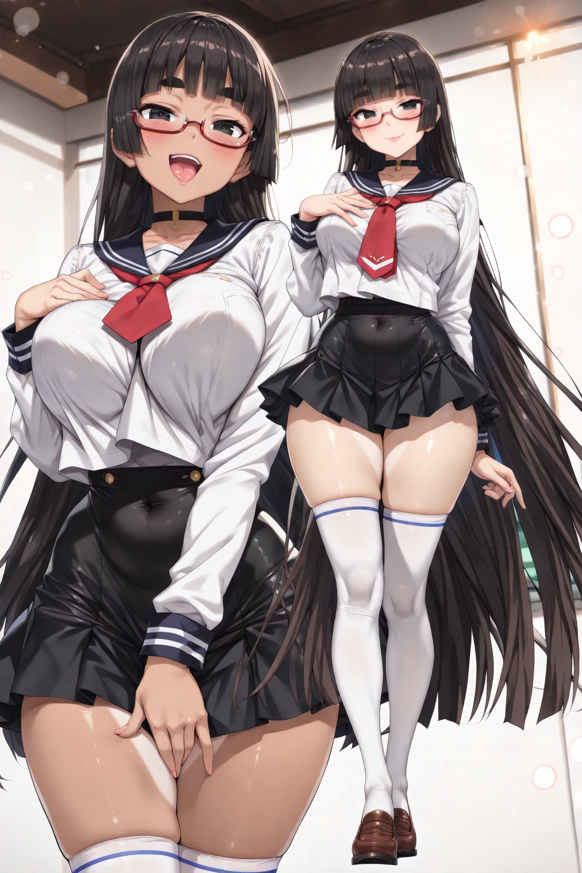 2 girls, by 2 person, Girl's brown eyes, Black Hair, Medium Long Hair, Inner Roll、(Sailor suit:1.4),Indoors, Cafe、Very large breasts、Publish one'Chest、裸Chest、blush、Embarrassing、Scary face、I'm worried、confused face、a large amount of breast milk comes out of the nipples,、Breast milk gushes from the nipple、very short skirt、Micro Mini Skirt、female shape'Private parts are clearly visible、take off pants、Half-off pants、Black Pantyhose、vibrator in thighhighs