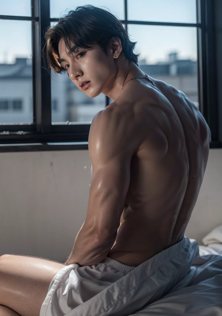 Hot tall male, side view, looking down, in a dark place ((blank background)), shirtless, wet in the rain, (( fixed lighting composition))((red and blue light))