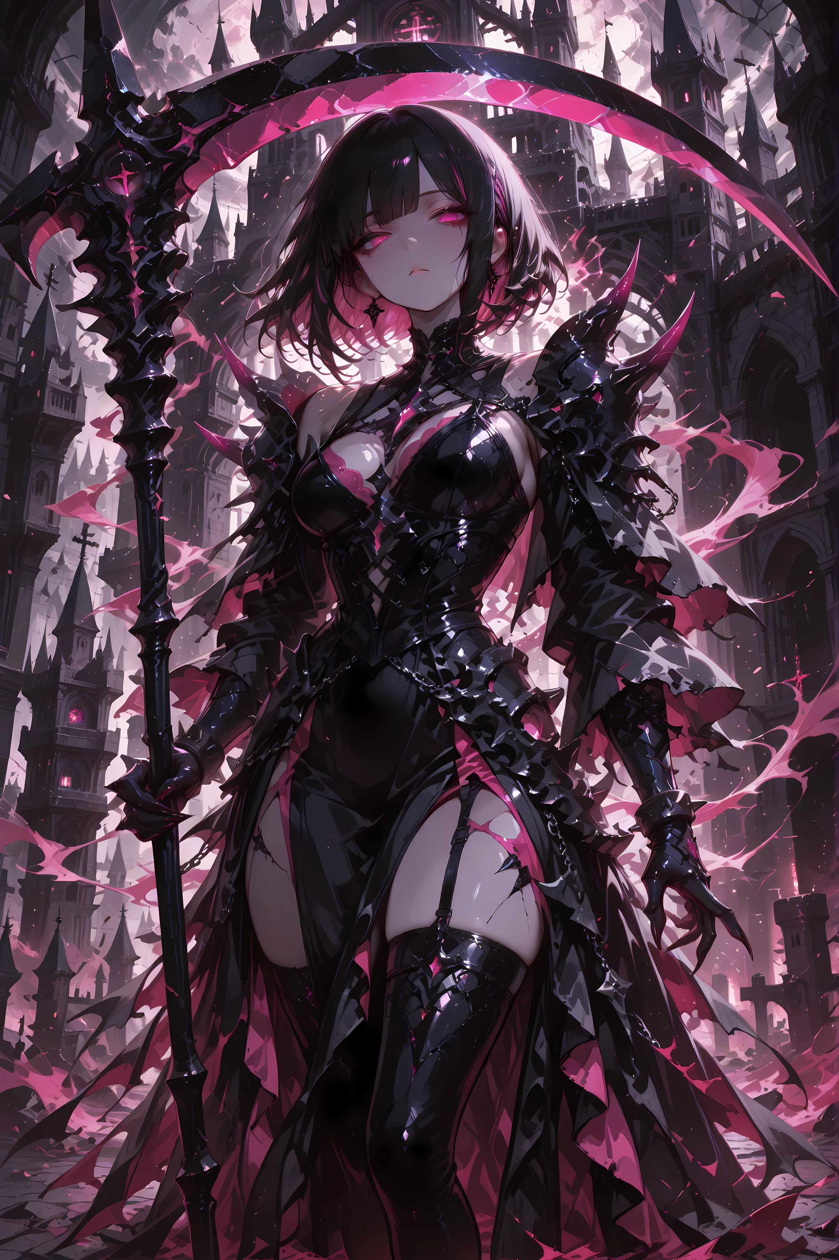 1girl, solo, layered black medium hair cut, pink eyes, black sexy warrior dress, black spikes coming from shoulders, black crystal sharp hands with pink tips, medium breasts, curvy-sexy body, holding black-theme scythe, standing, the dress is blowing slightly by the wind, dark, black castle, eyes are glowing pink, looking at viewer, from close-high angle, cold stare, squinting eyes