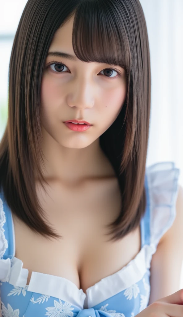 A super cute, tsundere, busty girl、The highest standard of ultra-high definition full-body photos、(Small face)、No makeup、Sexy lips、Chignon hairstyle、Beautiful girl's favorite shirt、Beautiful girl's favorite pleated skirt、Sexy panties、(Bust size 33D、Waist size 22 inches)、A riverside park filled with couples under the bridge