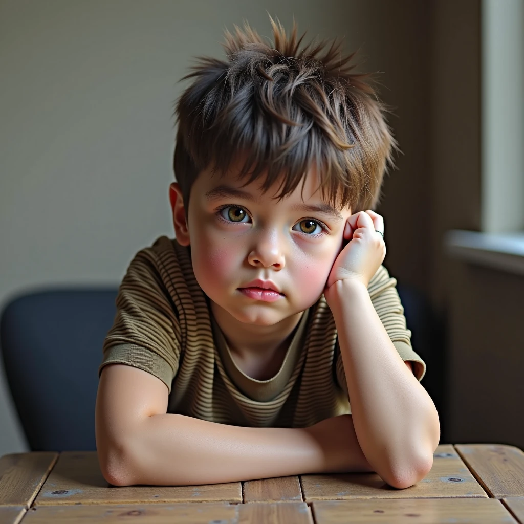 Image: Artur sitting at his desk with his head resting on his arms, while his eyes close. The classroom in the background starts to become blurry, suggesting the start of the dream.