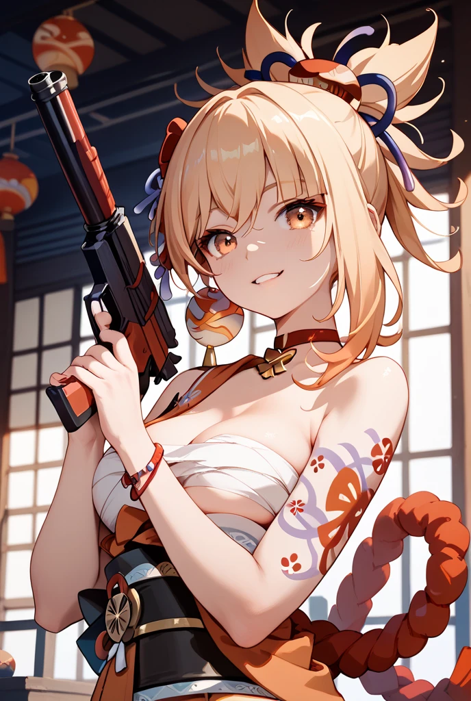 jacket partially removed, heart in eye, burnt clothes, holding fishing rod, kanji, doujin cover, pentagram, tape gag, adjusting headwear, red socks, friends, cloud print, coke-bottle glasses, oral invitation, competition school swimsuit,(masutepiece:1.3), (absurderes:1.3), (Best Quality:1.3), (Ultra-detailed:1.3),(Best Shadow:0.7), (Handle Hair), 1girl in, 1 boy、Ekiben、Looking up from your feet、SH1, large full breasts、 cleavage,yellow eyed blonde、asymmetrical bangs,