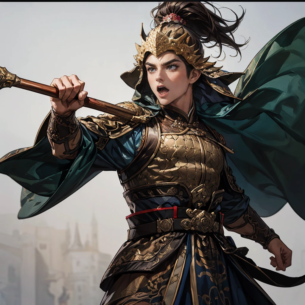 top quality、masterpiece、4K、 oil painting portrait 、槍を持った古代中国のfierce将、A 20-year-old man、 accurately drawn eye 、black eyes、dark haired、Square Outline、((険Seems表情、fierce々Seems:1.2、Open Her Mouth Wide:1.3))、Glutinous meat、Meiko armor made of black iron、An ancient Chinese helmet with a motif of a deeply worn tiger's face:1.3、is holding a long, thick spear depicted in detail:1.3、dynamic pause、(cowboy shot:1.3、depict a person by securing sufficient space at the top of the screen and on the left and right:1.3、Distant view、wideshot、blurry white background:1.3,from below)