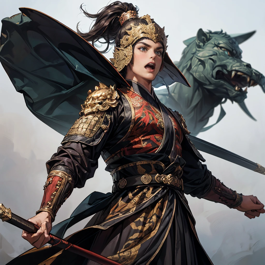 top quality、masterpiece、4K、 oil painting portrait 、槍を持った古代中国のfierce将、A 20-year-old man、 accurately drawn eye 、black eyes、dark haired、Square Outline、((険Seems表情、fierce々Seems:1.2、Open Her Mouth Wide:1.3))、Glutinous meat、Meiko armor made of black iron、An ancient Chinese helmet with a motif of a deeply worn tiger's face:1.3、is holding a long, thick spear depicted in detail:1.3、dynamic pause、(cowboy shot:1.3、depict a person by securing sufficient space at the top of the screen and on the left and right:1.3、Distant view、wideshot、blurry white background:1.3,from below)