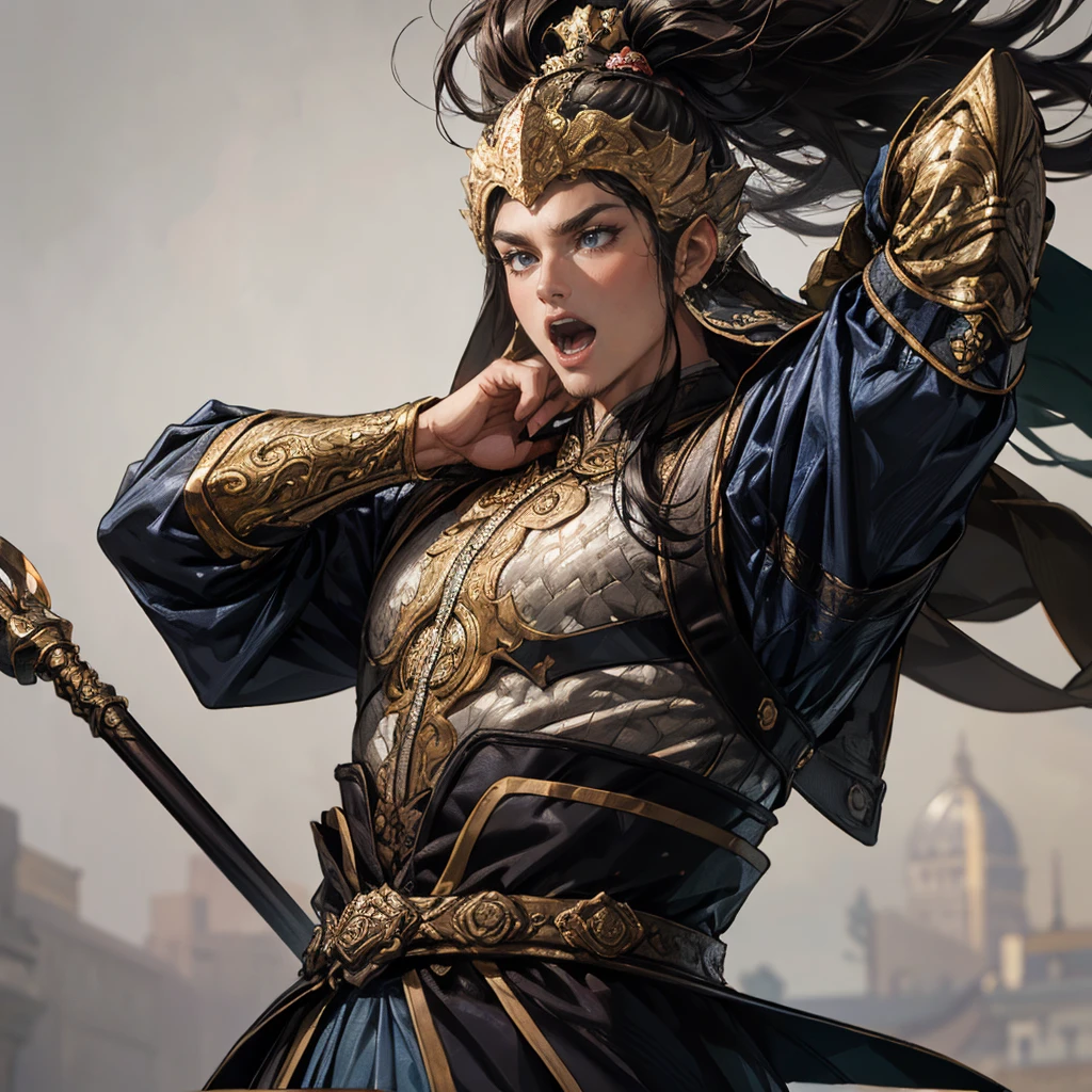 top quality、masterpiece、4K、 oil painting portrait 、槍を持った古代中国のfierce将、A 20-year-old man、 accurately drawn eye 、black eyes、dark haired、Square Outline、((険Seems表情、fierce々Seems:1.2、Open Her Mouth Wide:1.3))、Glutinous meat、Meiko armor made of black iron、An ancient Chinese helmet with a motif of a deeply worn tiger's face:1.3、is holding a long, thick spear depicted in detail:1.3、dynamic pause、(cowboy shot:1.3、depict a person by securing sufficient space at the top of the screen and on the left and right:1.3、Distant view、wideshot、blurry white background:1.3,from below)