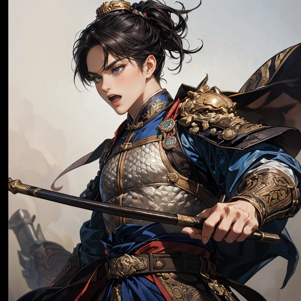 top quality、masterpiece、4K、 oil painting portrait 、槍を持った古代中国のfierce将、A 20-year-old man、 accurately drawn eye 、black eyes、dark haired、Square Outline、((険Seems表情、fierce々Seems:1.2、Open Her Mouth Wide:1.3))、Glutinous meat、Meiko armor made of black iron、An ancient Chinese helmet with a motif of a deeply worn tiger's face:1.3、is holding a long, thick spear depicted in detail:1.3、dynamic pause、(cowboy shot:1.3、depict a person by securing sufficient space at the top of the screen and on the left and right:1.3、Distant view、wideshot、blurry white background:1.3,from below)